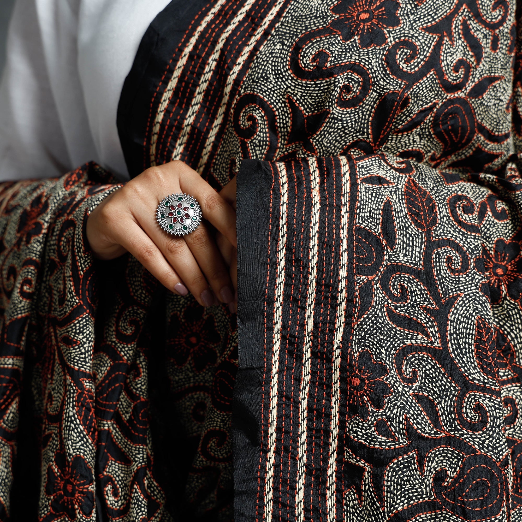 KHUSHBASH - HAPPY LOOM OF EAST Black - Bengal Kantha Hand Embroidered Mulberry Silk Dupatta - view 4