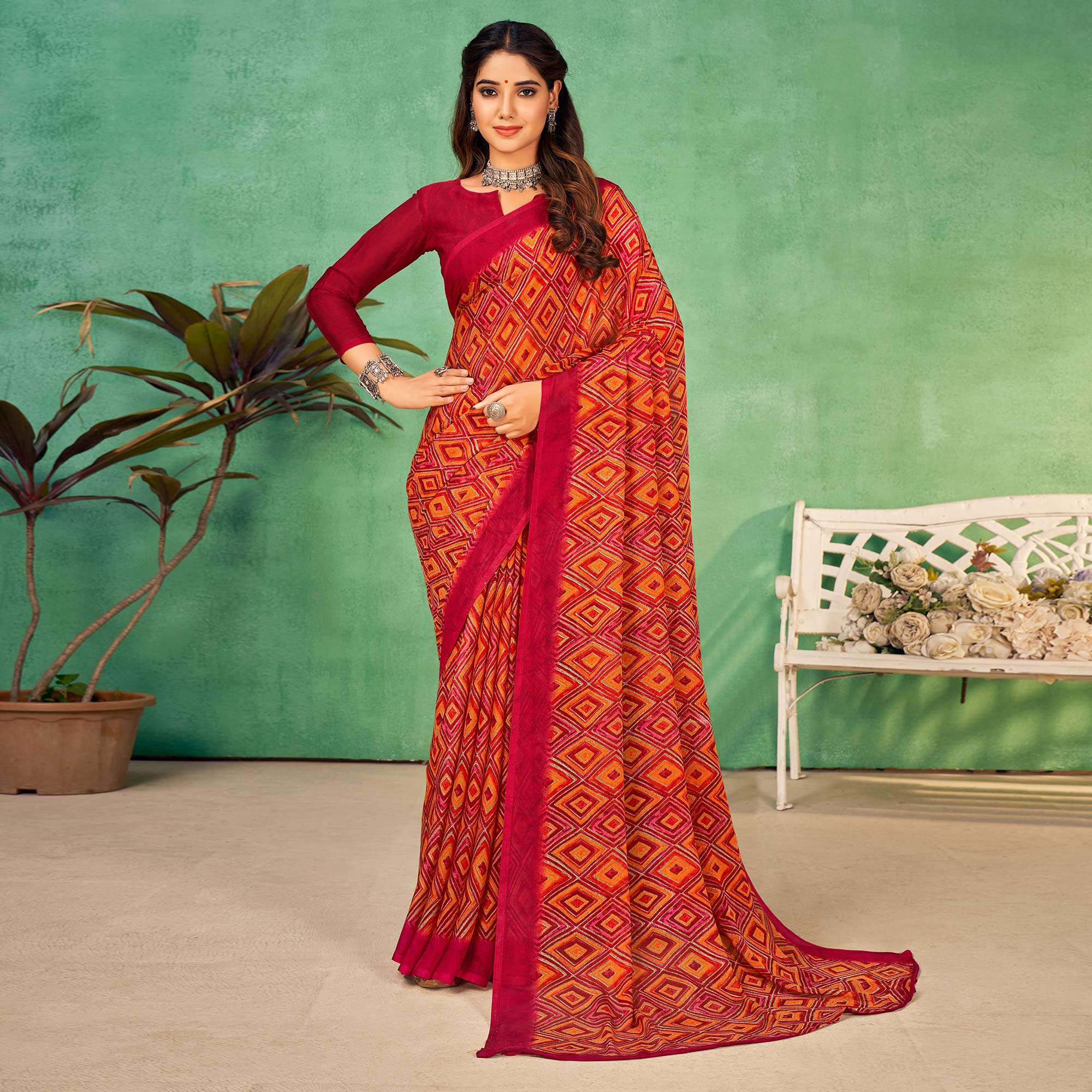 Peachmode Magenta Geometric Printed Chiffon Saree