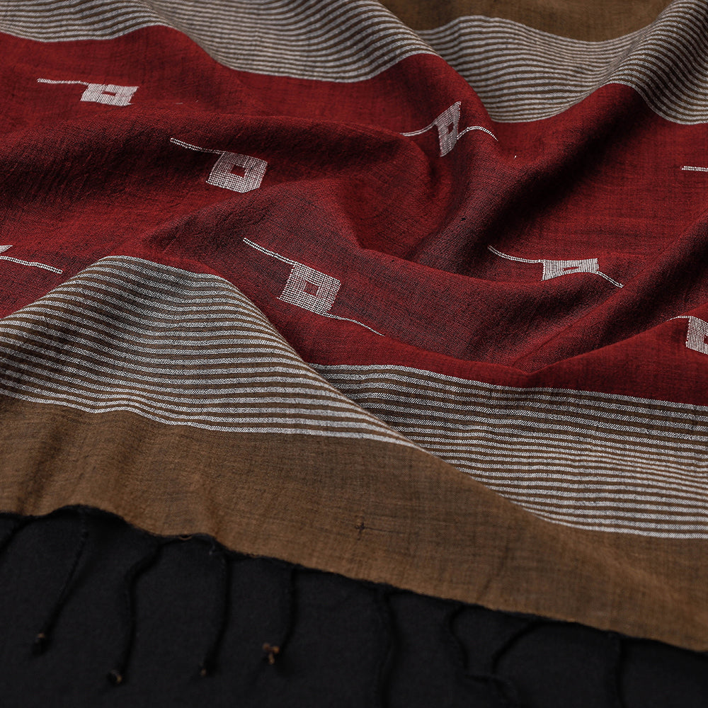 KHUSHBASH - HAPPY LOOM OF EAST Brown - Burdwan Jamdani Buti Handloom Pure Cotton Stole with Tassels - view 2