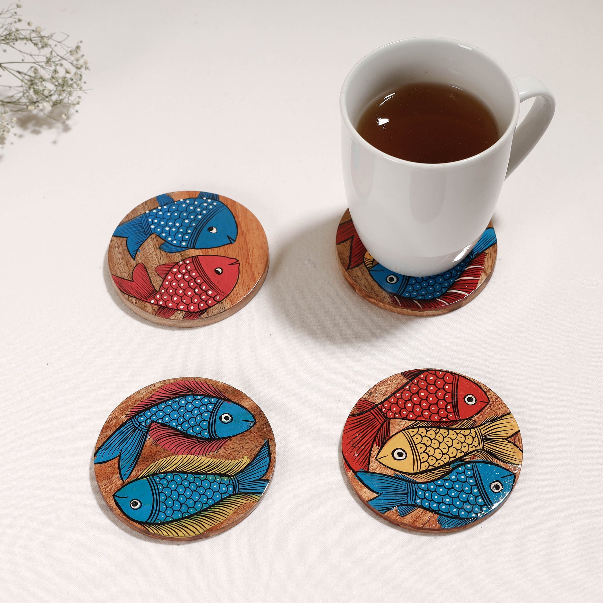 ITOKRI CRAFTS INITIATIVE Bengal Patua Handpainted Akashmoni Wooden Coasters (Set of 4)