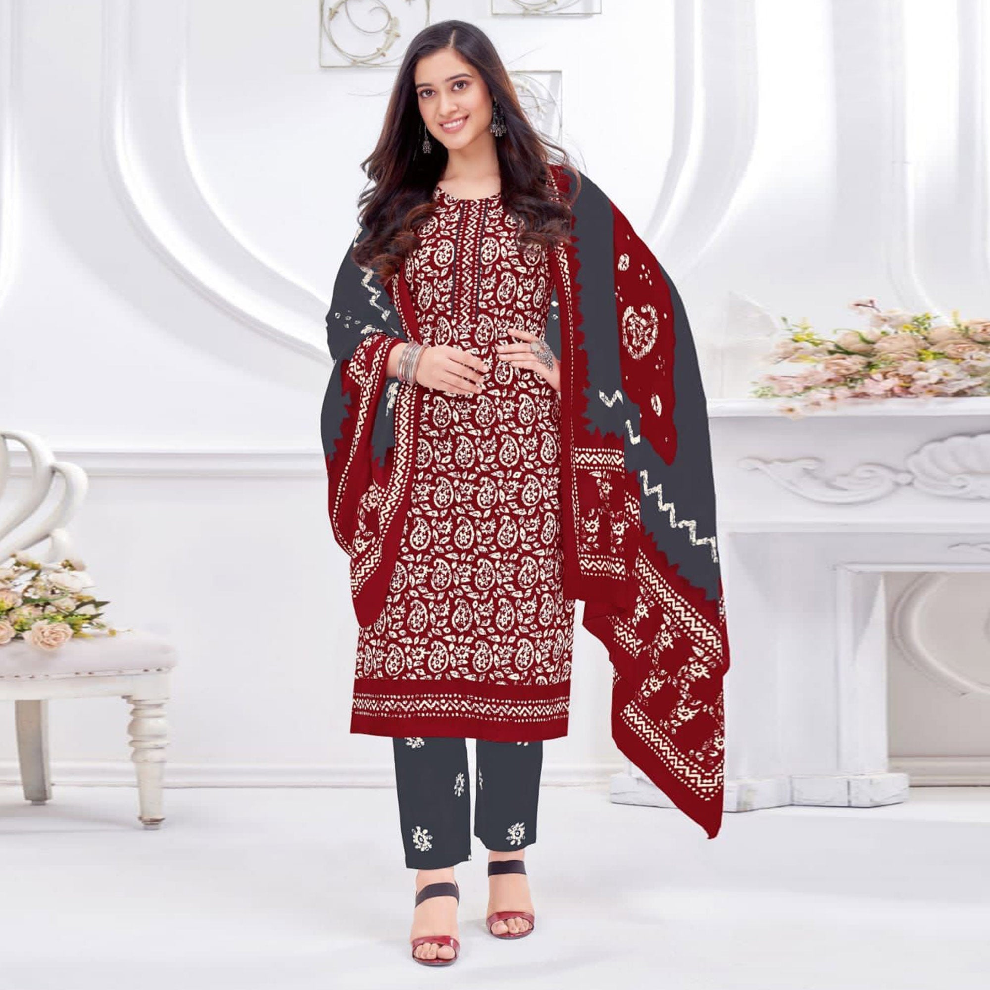 Peachmode Maroon Printed Cotton Suit