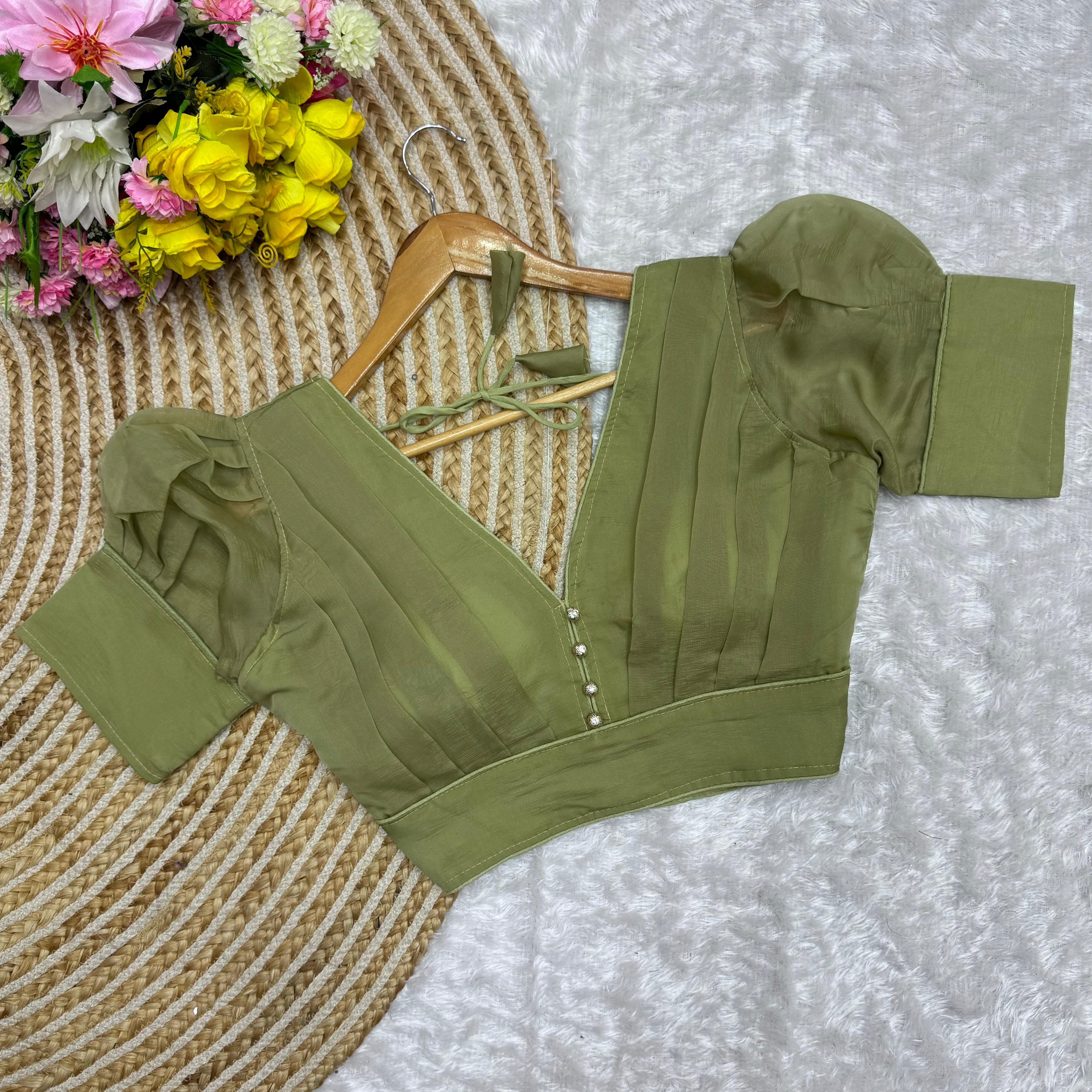 ClothsVilla Mahendi Color Metallic Jari Blouse with Ruffled Pattern and Balloon Sleeves