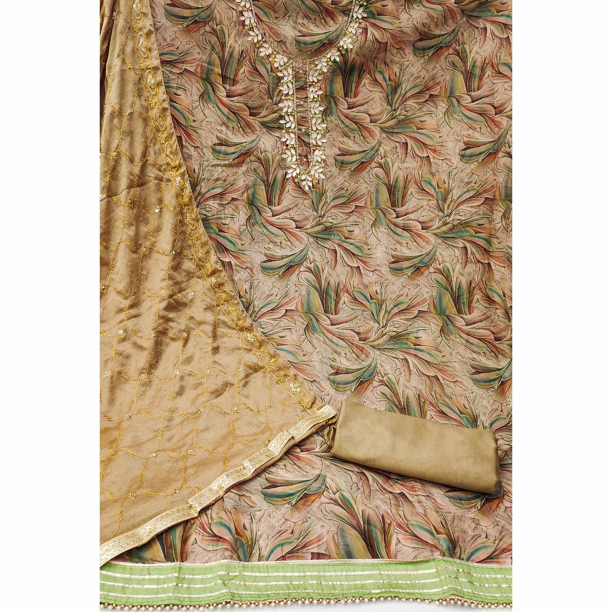 Peachmode Chikoo Floral Printed Organza Dress Material - view 3