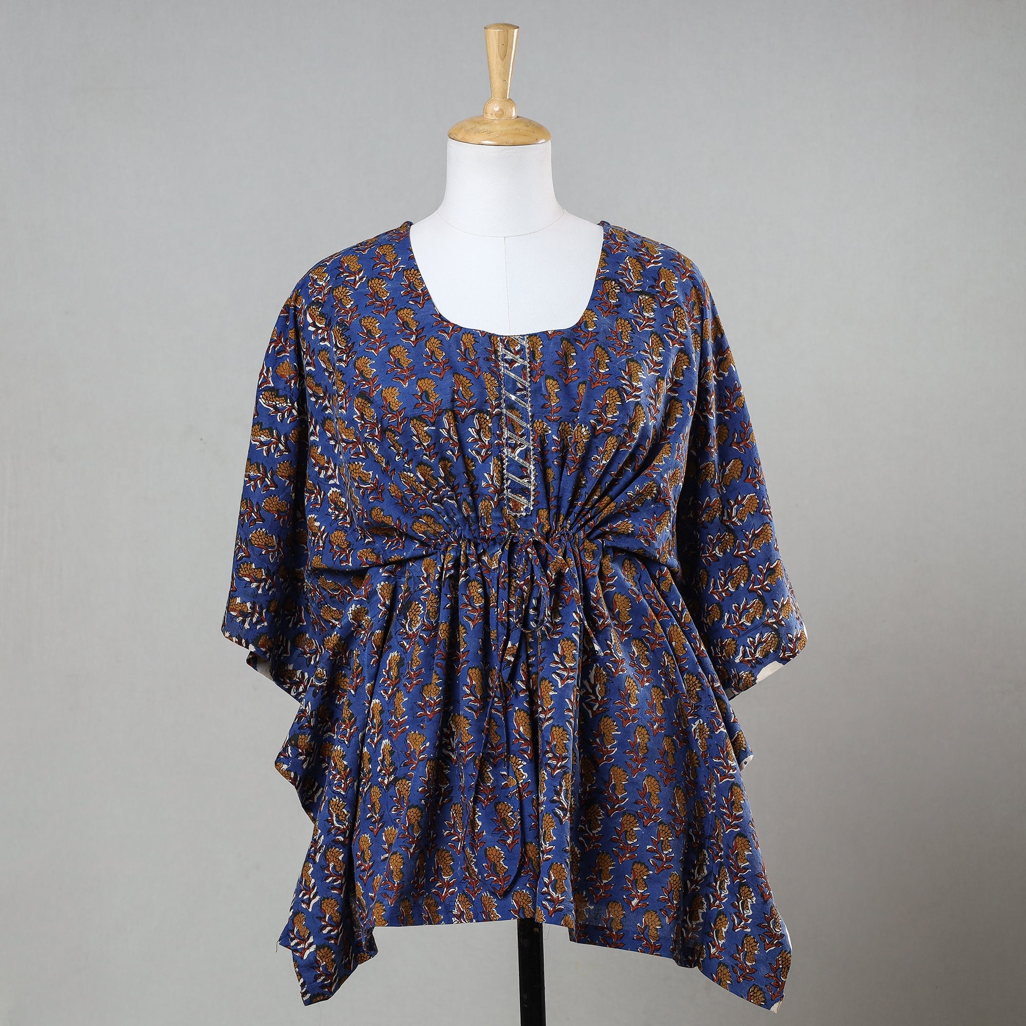 ITOKRI CASUALS Blue - Bagru Block Printed Cotton Kaftan with Tie-Up Waist (Short)