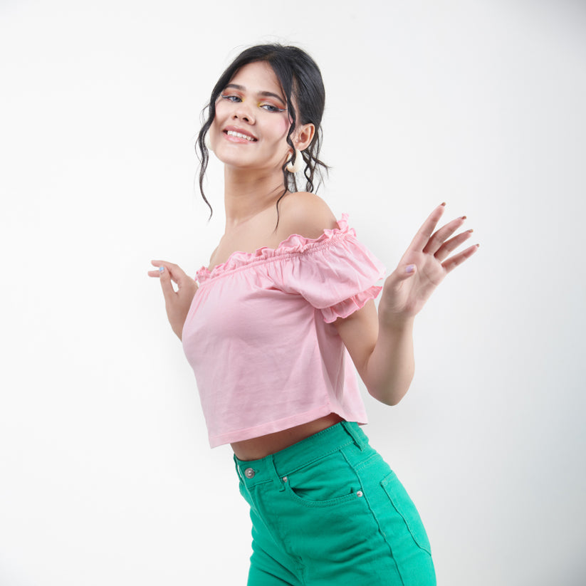 Cottage COre Plain Knit Crop Top – Pink - view 2