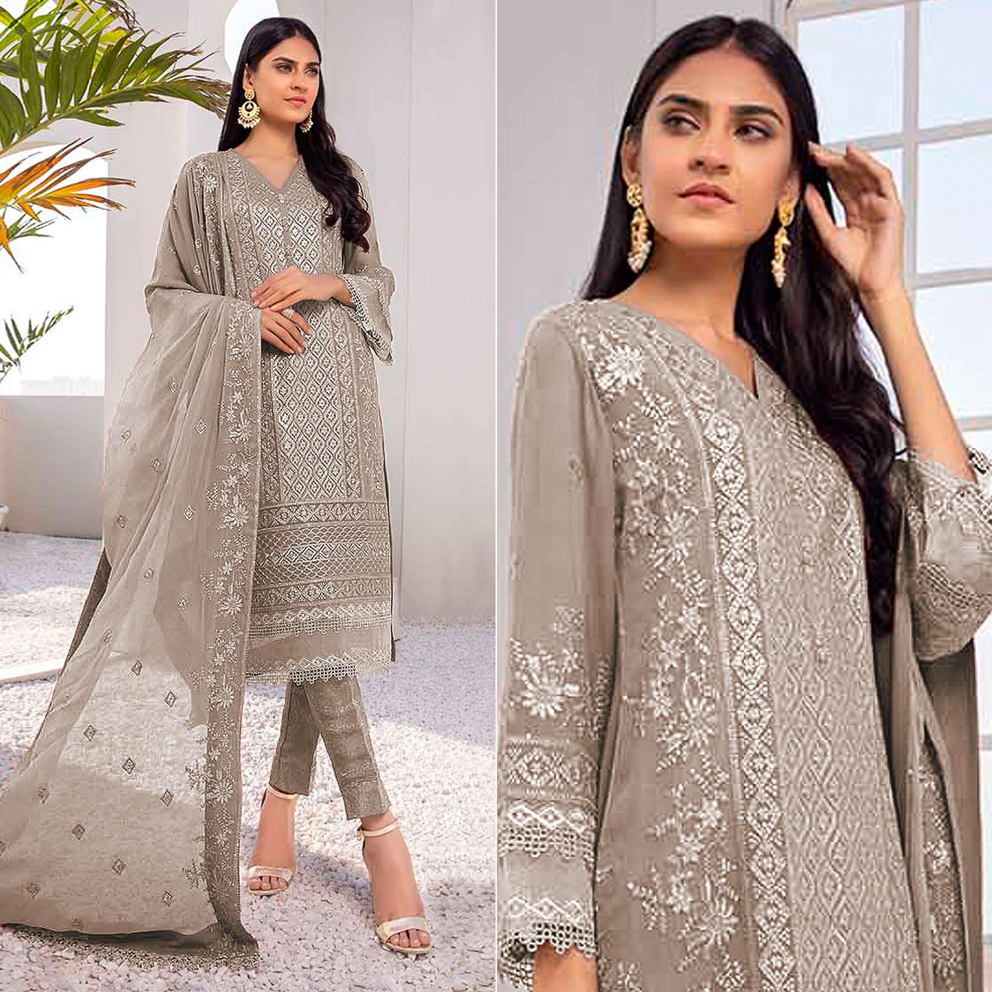 Peachmode Coffee Embroidered Georgette Pakistani Suit