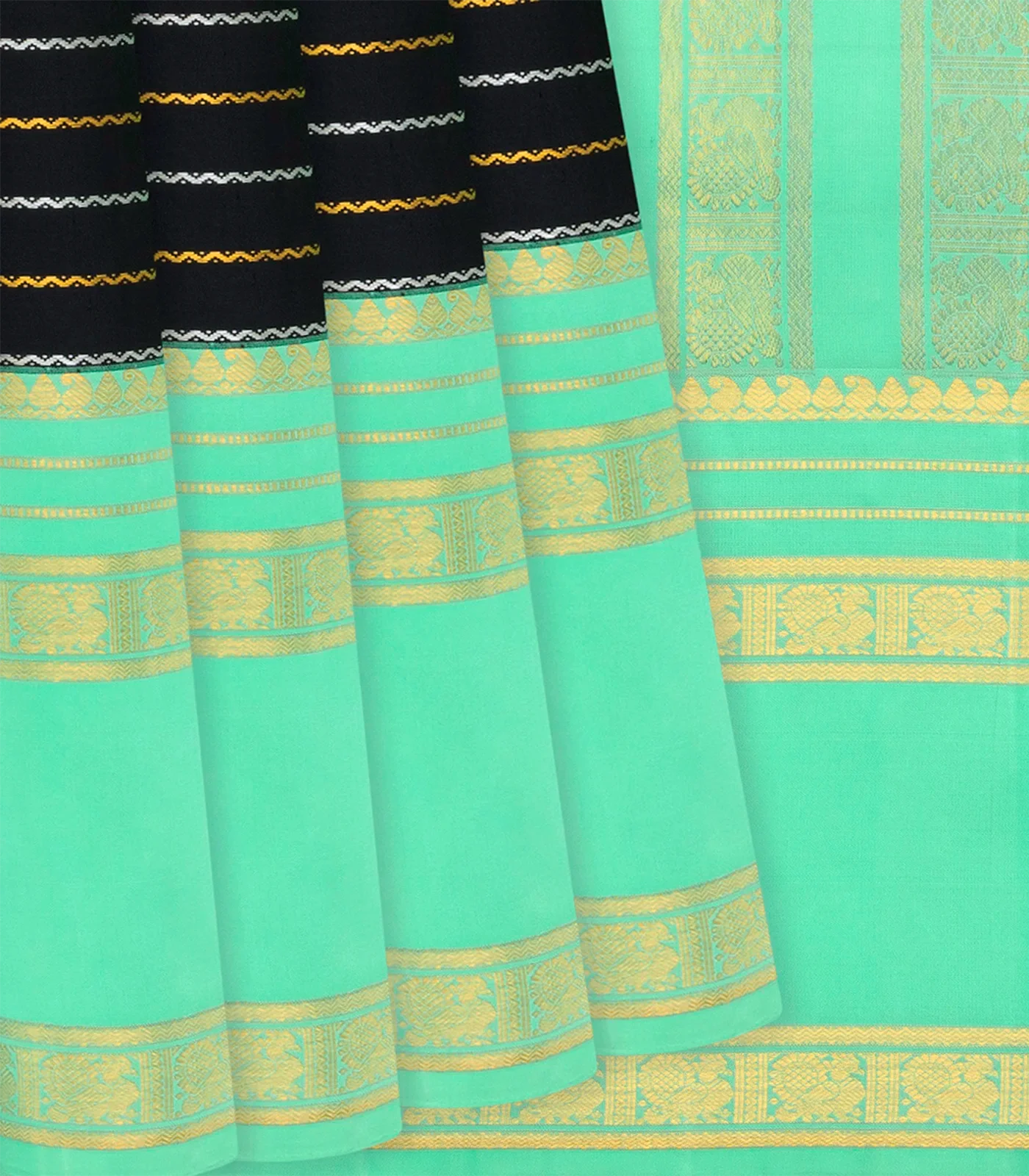 RmKV Black Handloom Kanchipuram Korvai Silk Saree With Beldari Stripes-Black