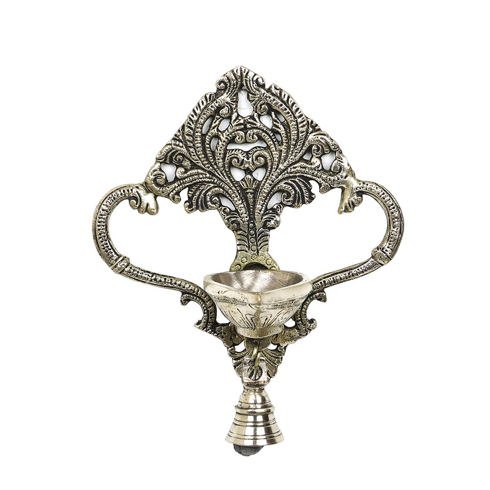 BAMBOO TREE JEWELS Antique Brass Metal Handcrafted Wall Hanging Diya with Bell (3.6 x 6.6 in) - view 2