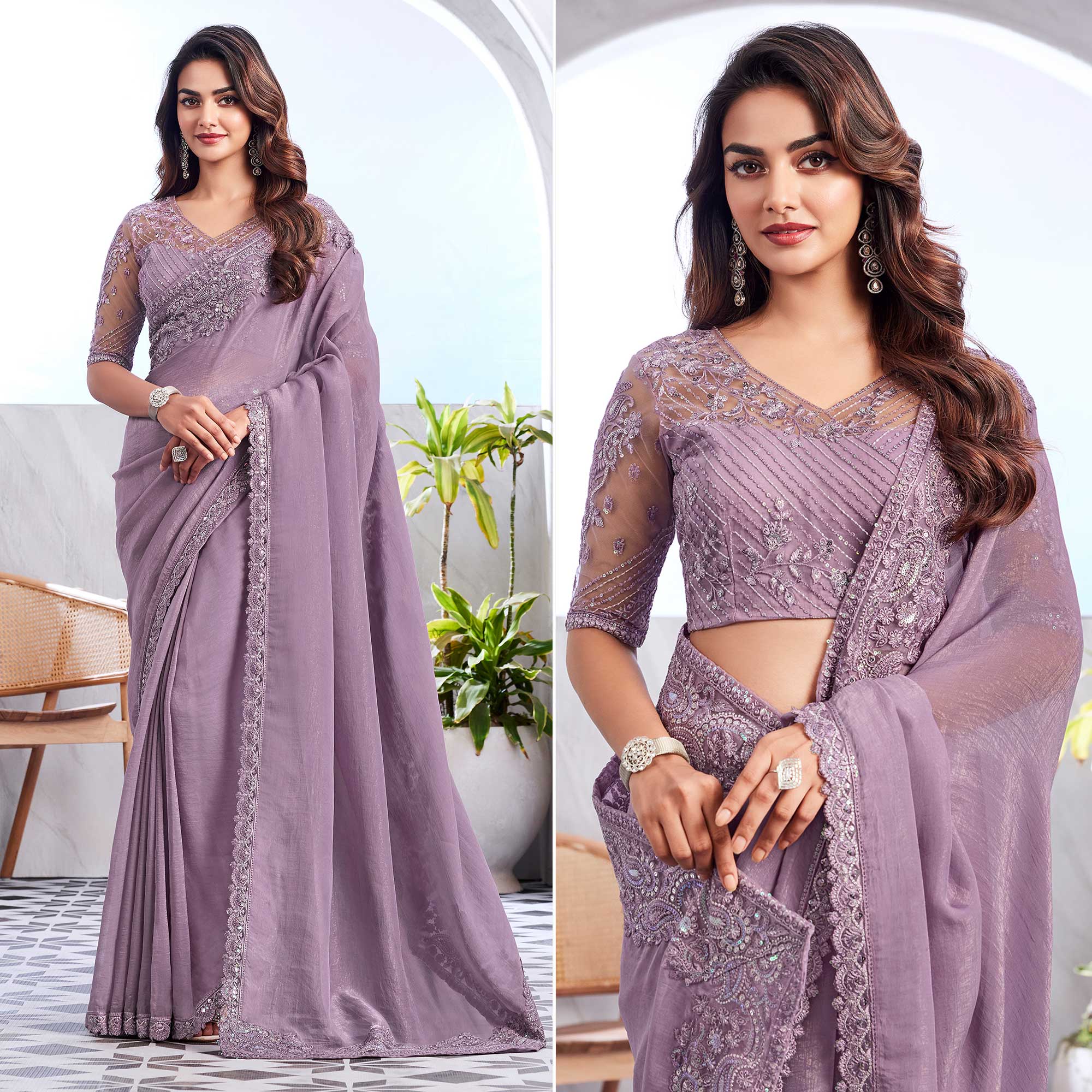 Peachmode Lavender Floral Sequins Embroidered Georgette Saree