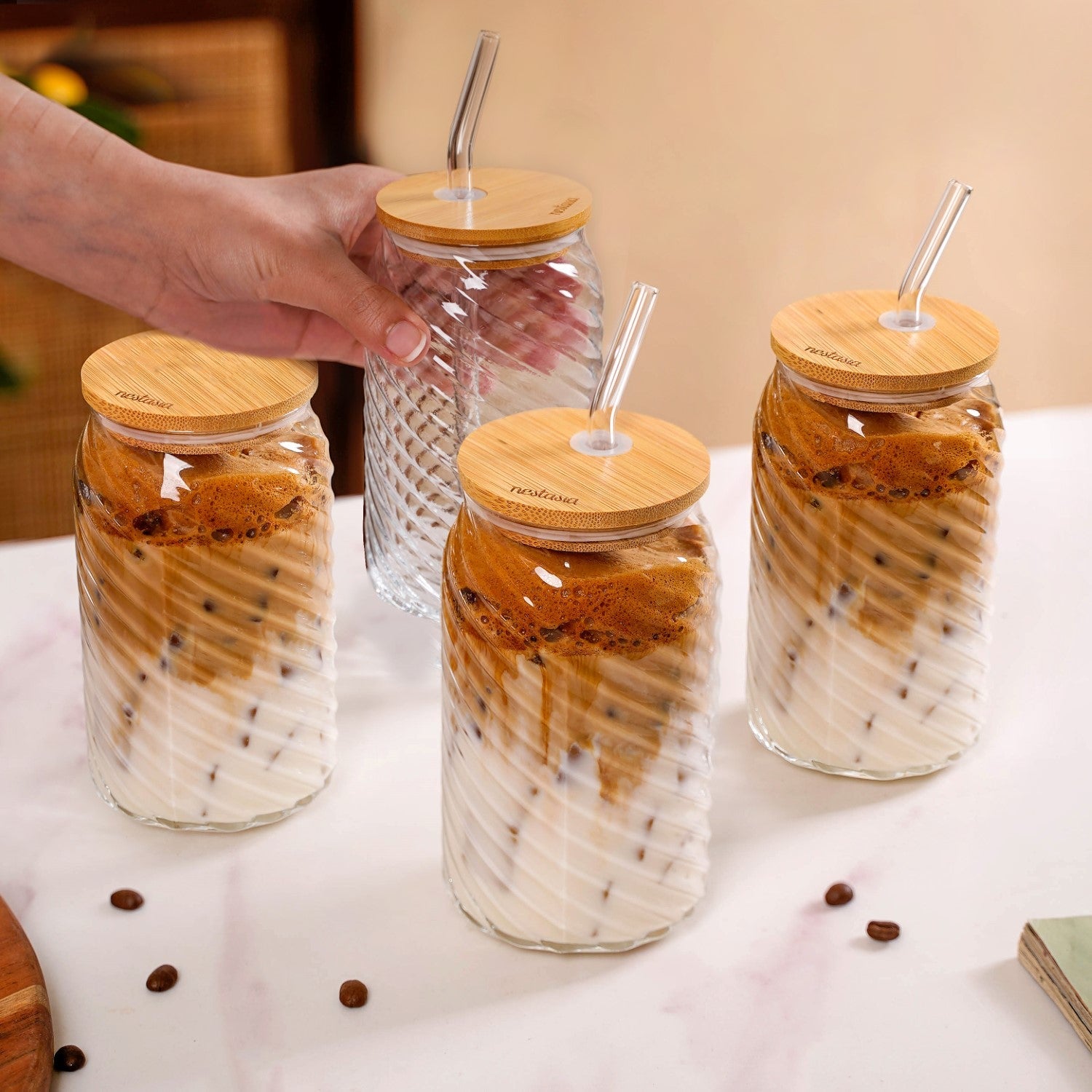 Nestasia Set Of 4 Glass Tumblers With Wooden Lids And Glass Straws 500ml - view 3