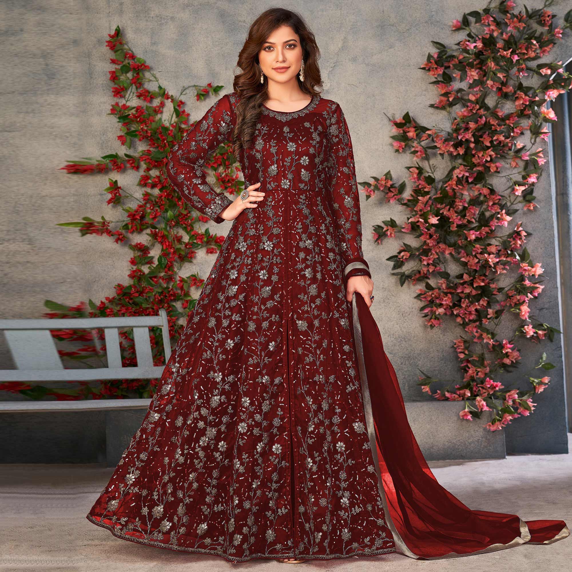 Peachmode Maroon Zardosi Work Netted Gown