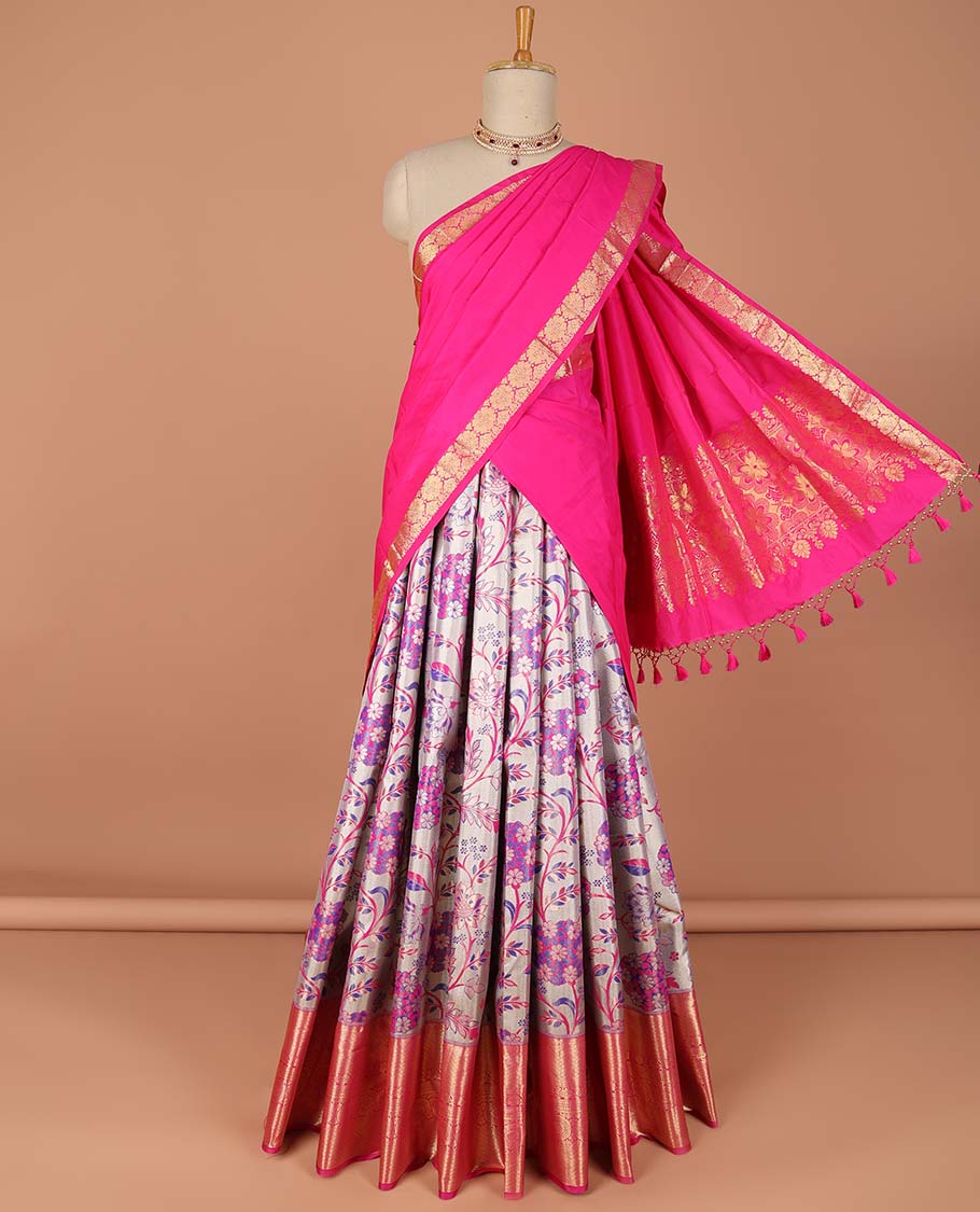 Pothys Grey floral vine design art-silk half saree, contrast traditional zari border,zari design blouse & intricate dhavani