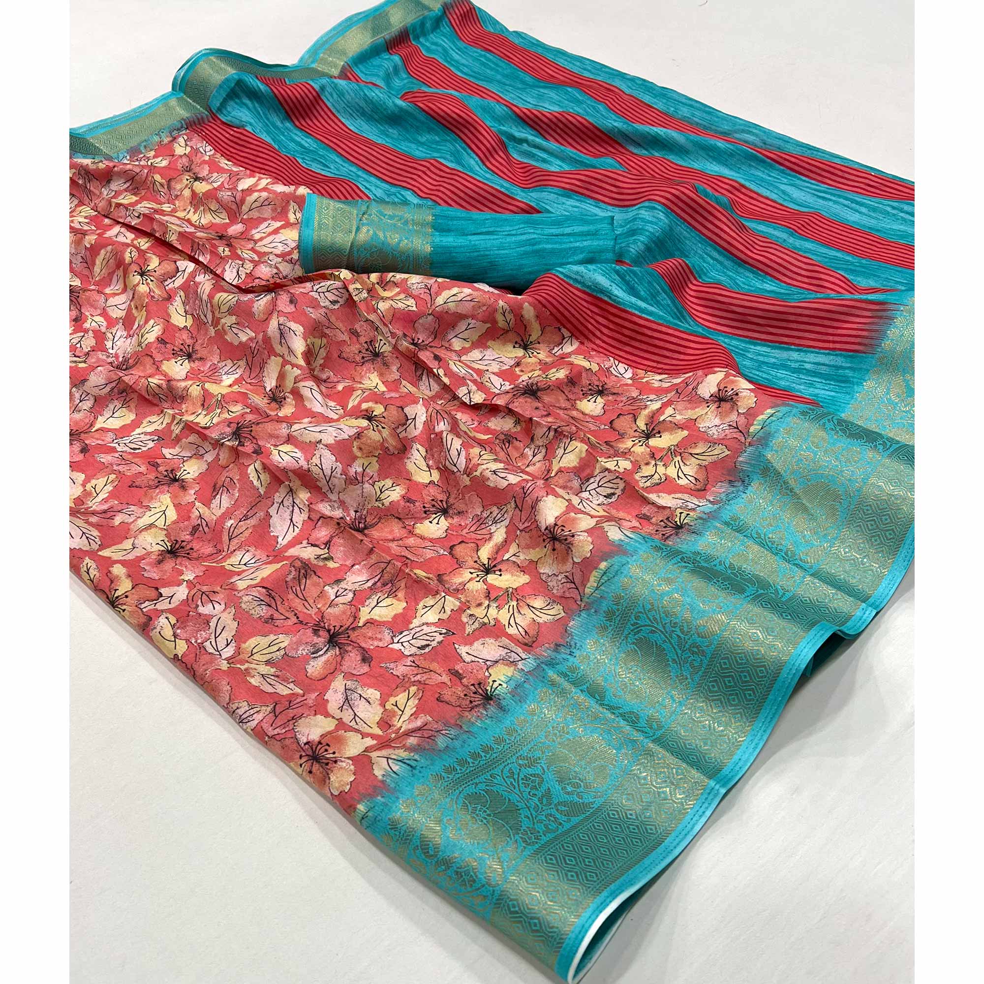 Peachmode Gajari Pink Floral Printed Dola Silk Saree With Woven Border - view 3
