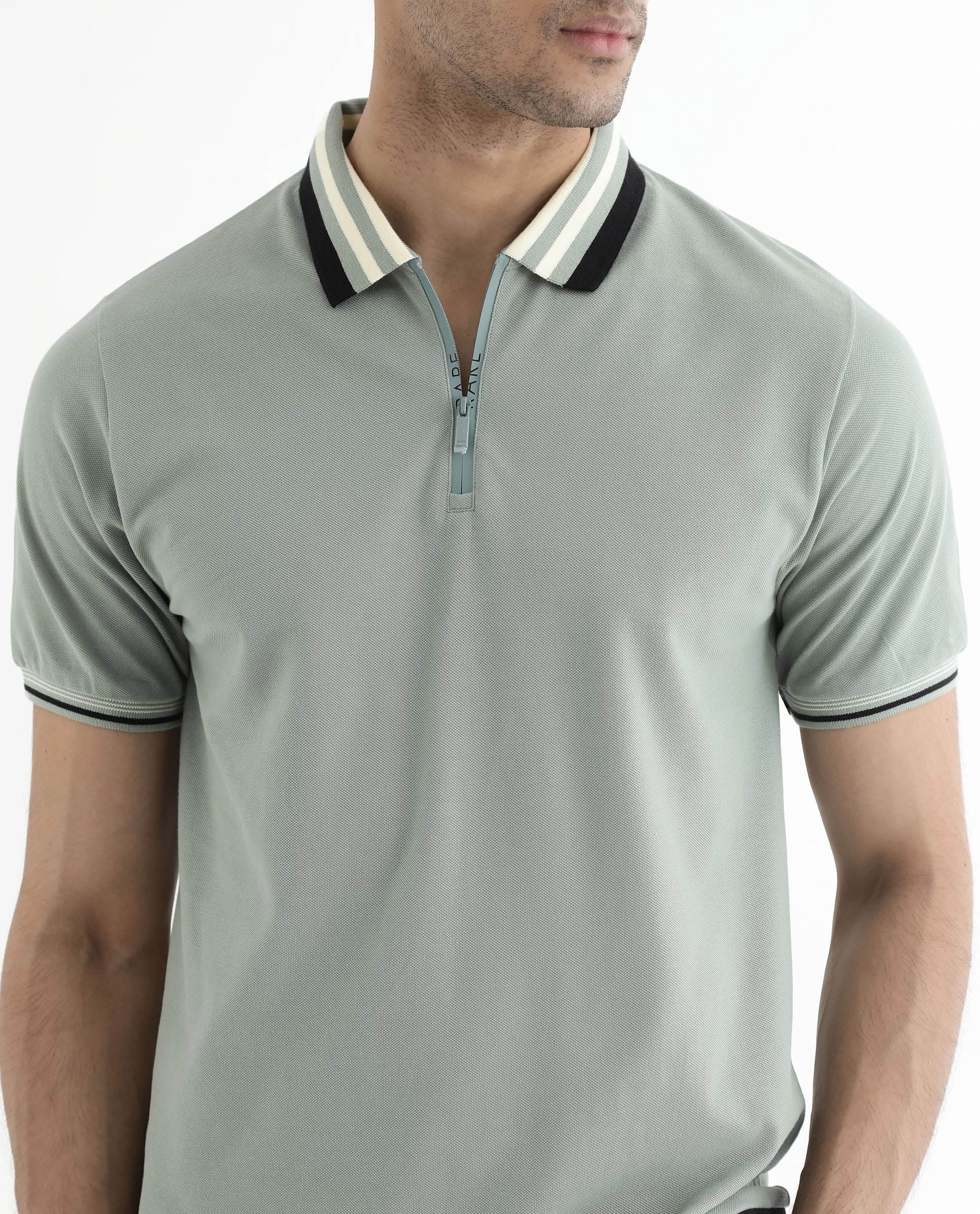 Rare Rabbit Men's Zyte Dusky Green Cotton Fabric Short Sleeves Regular Collar Zipper Closure Plain Knit Polo T-Shirt - view 3