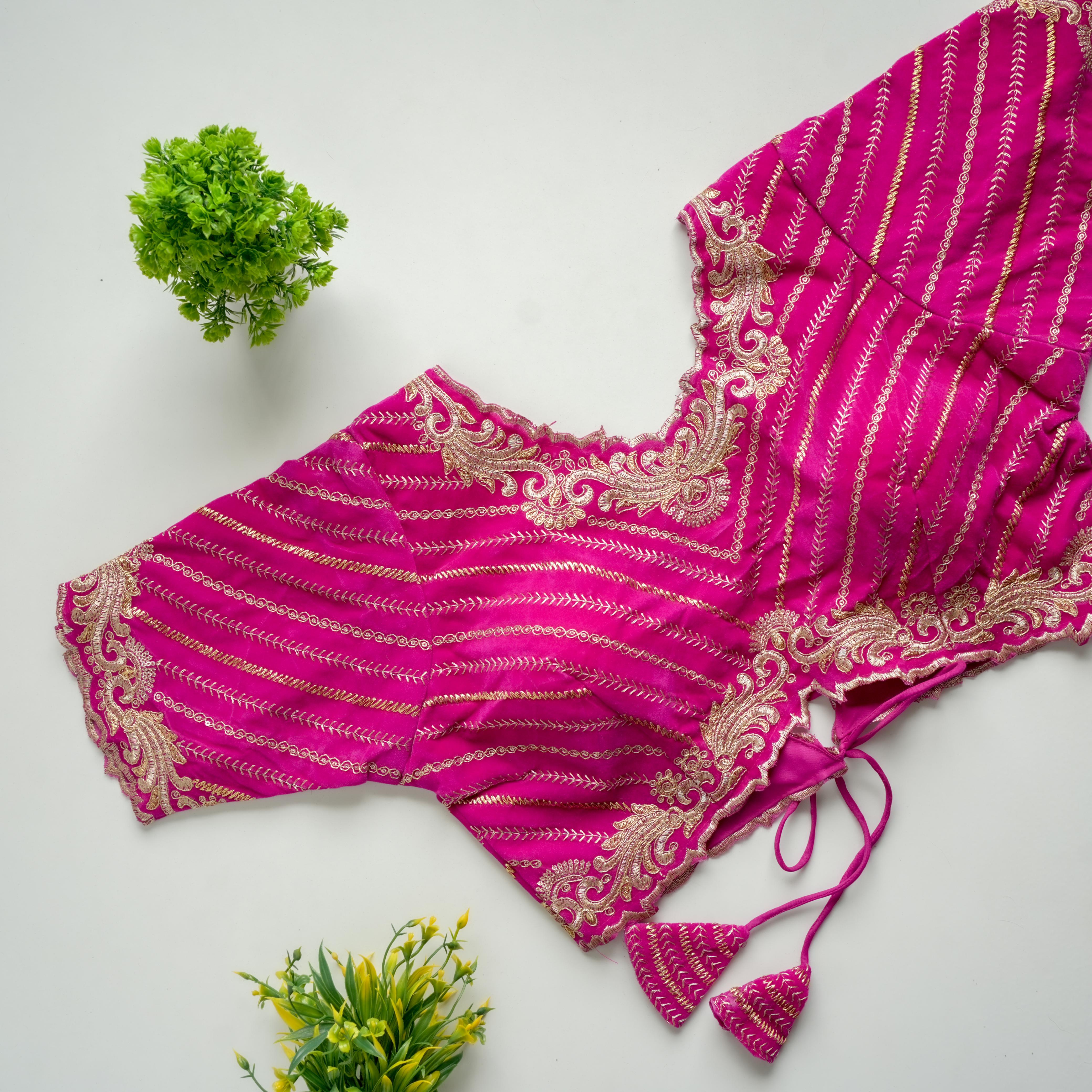 ClothsVilla Pink Taffeta Silk Blouse with Golden Embroidery and Sequins