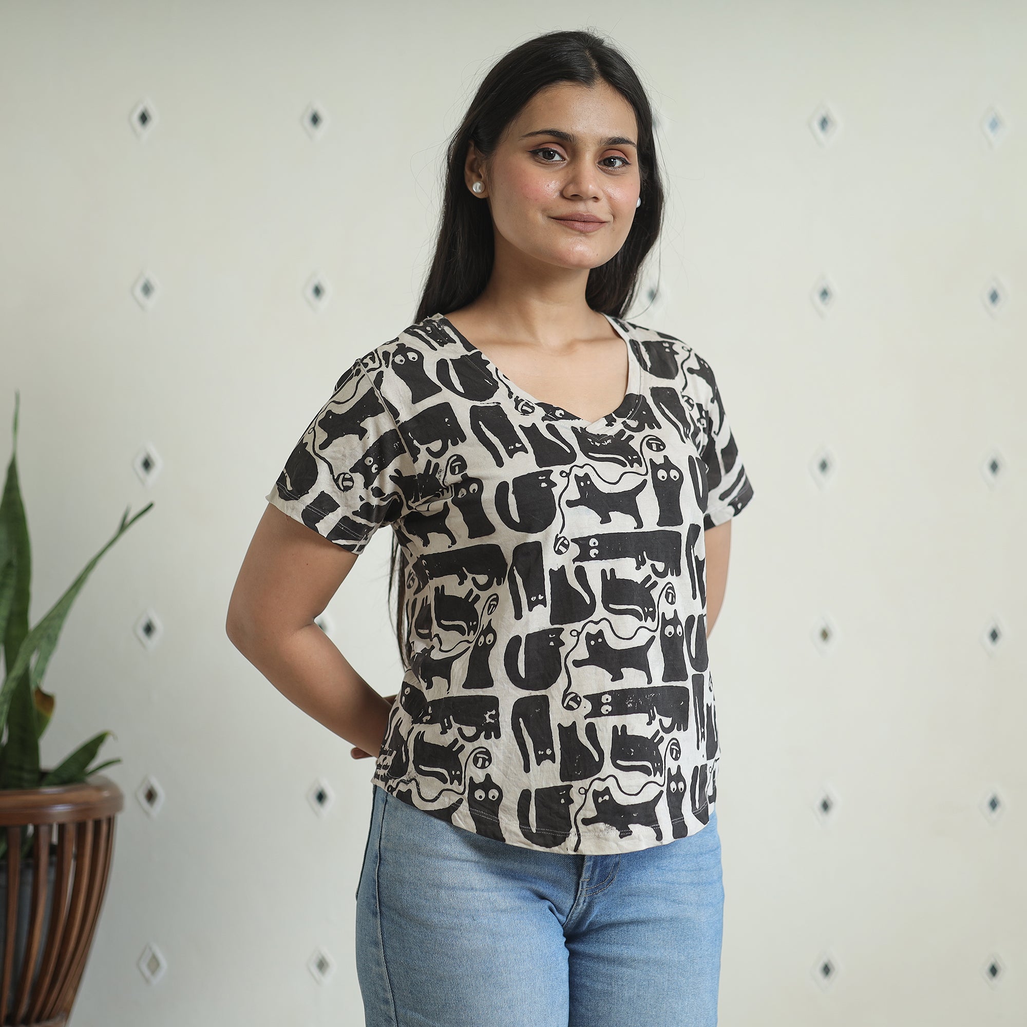 BINDAAS UNLIMITED Black - Bindaas Block Art Printed Cotton Women V Neck T-shirt 07 - view 3