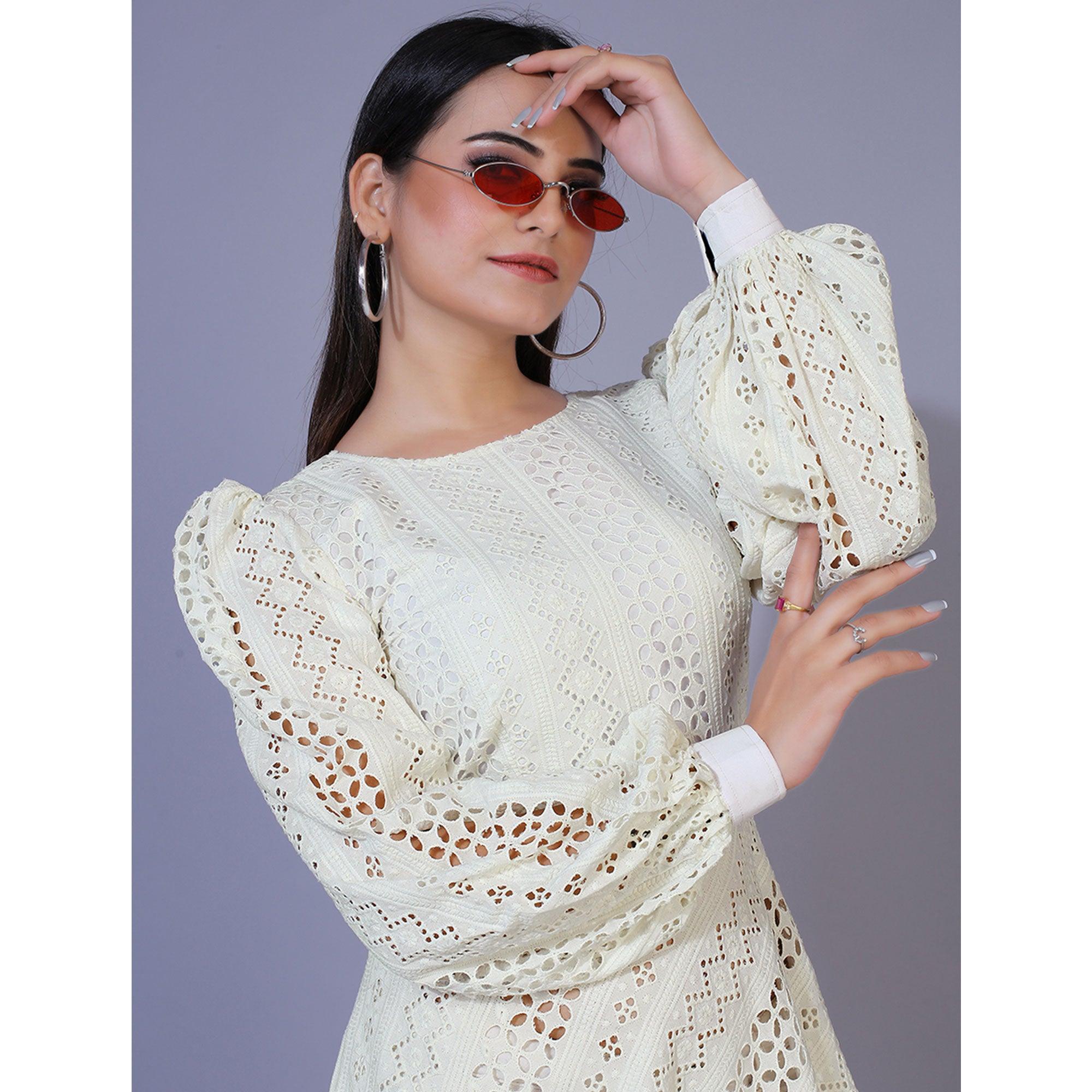 Peachmode Seller Cream Lucknowi Chikankari Work Rayon Western Dress - view 7