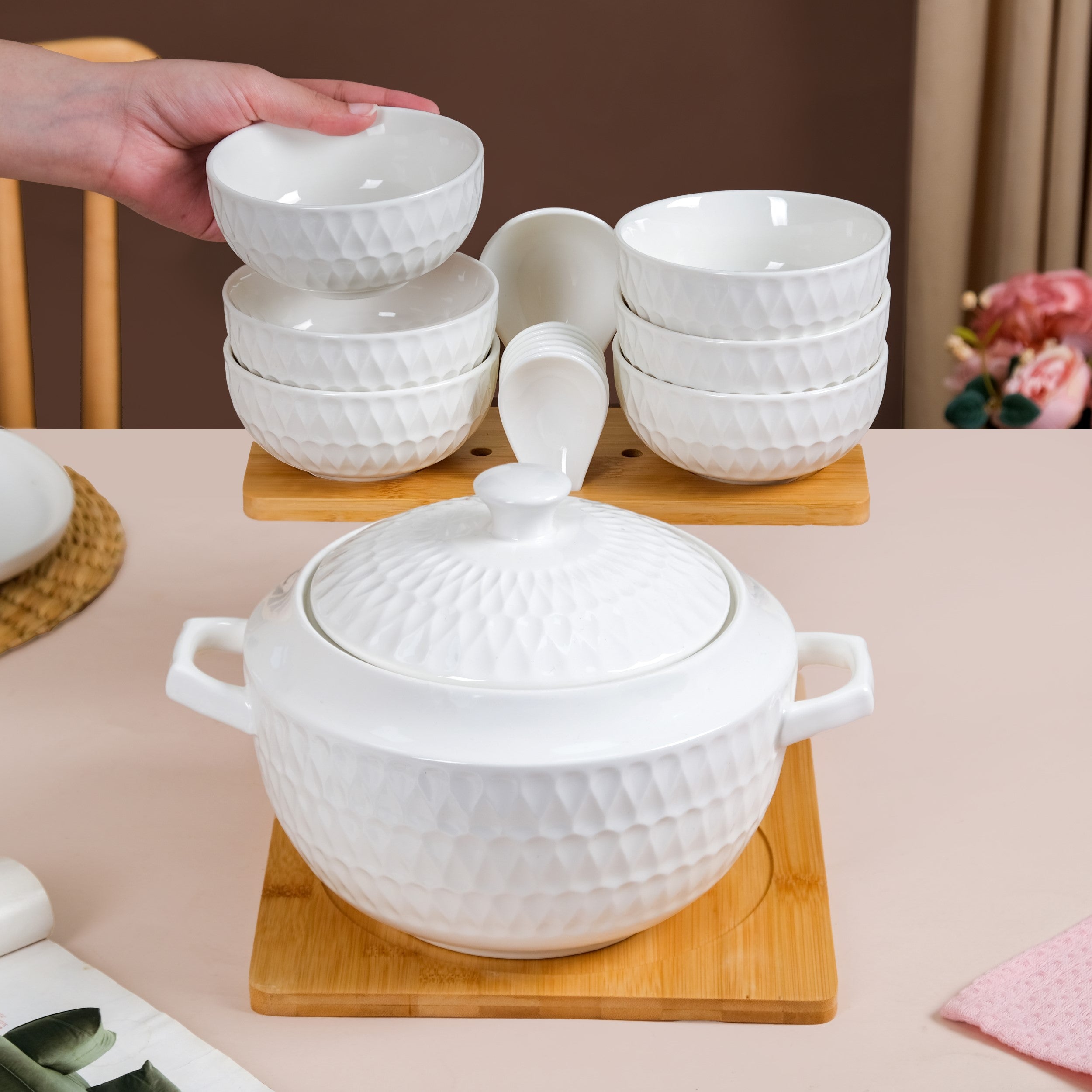 Nestasia White Ceramic Pot And Bowl Set With Spoons And Wooden Stand - view 2