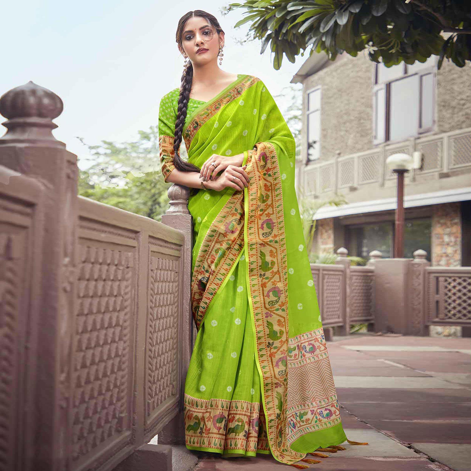 Green sarees – BlackTree green-casual-wear-printed-linen-saree-with-border-119935