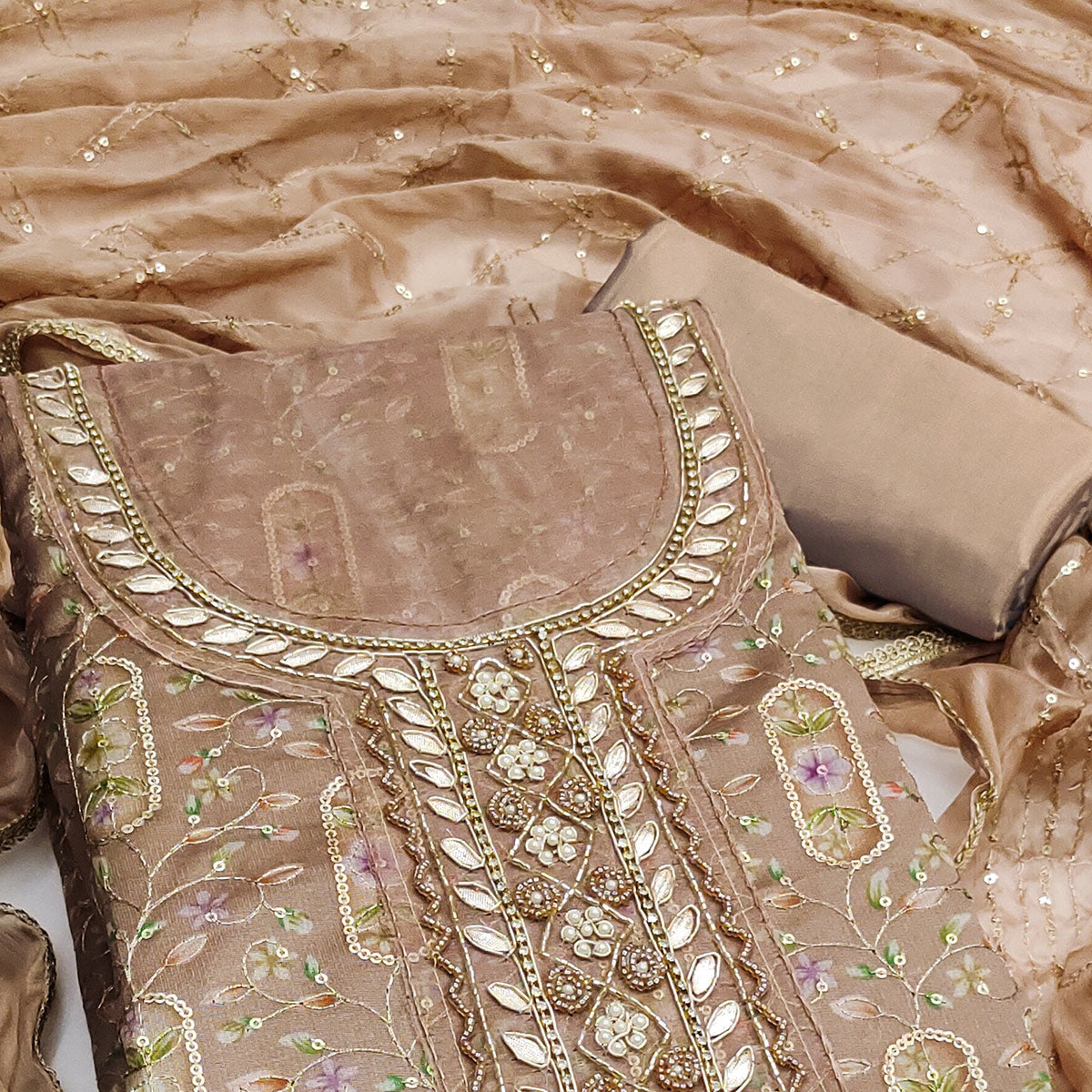 Peachmode Chikoo Floral Sequins Embroidery With Handwork Organza Dress Material - view 2