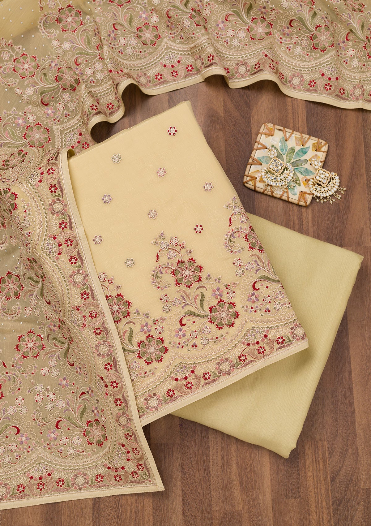 Koskii Lemon Yellow Threadwork Semi Crepe Unstitched Salwar Suit