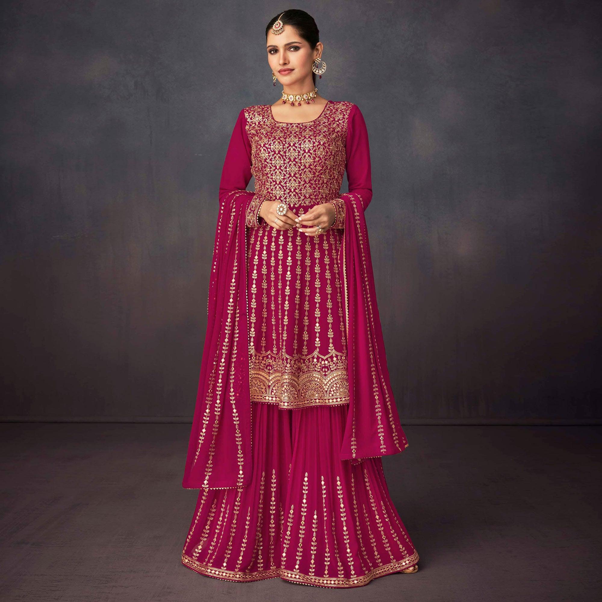 Peachmode Seller Dark Pink Embroidered Georgette Sharara Suit - view 2