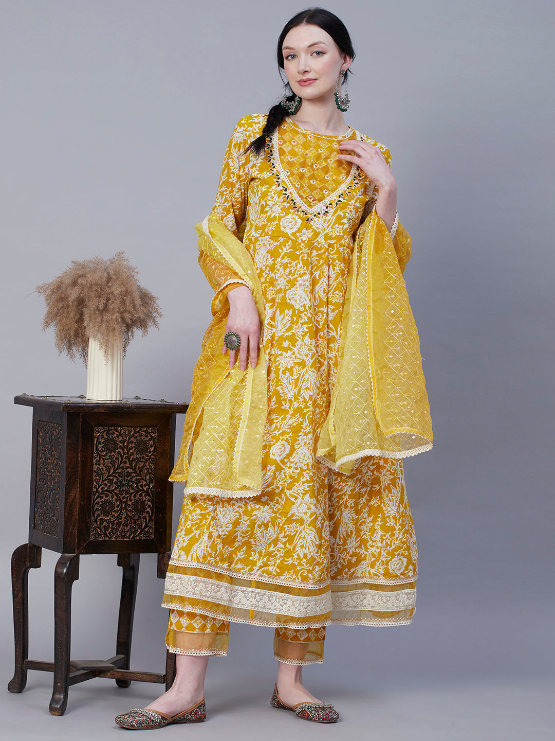 Fashor Floral Printed Resham & Pearl Embroidered Anarkali Kurta with Pants & Shaded Embroidered Dupatta - Mustard