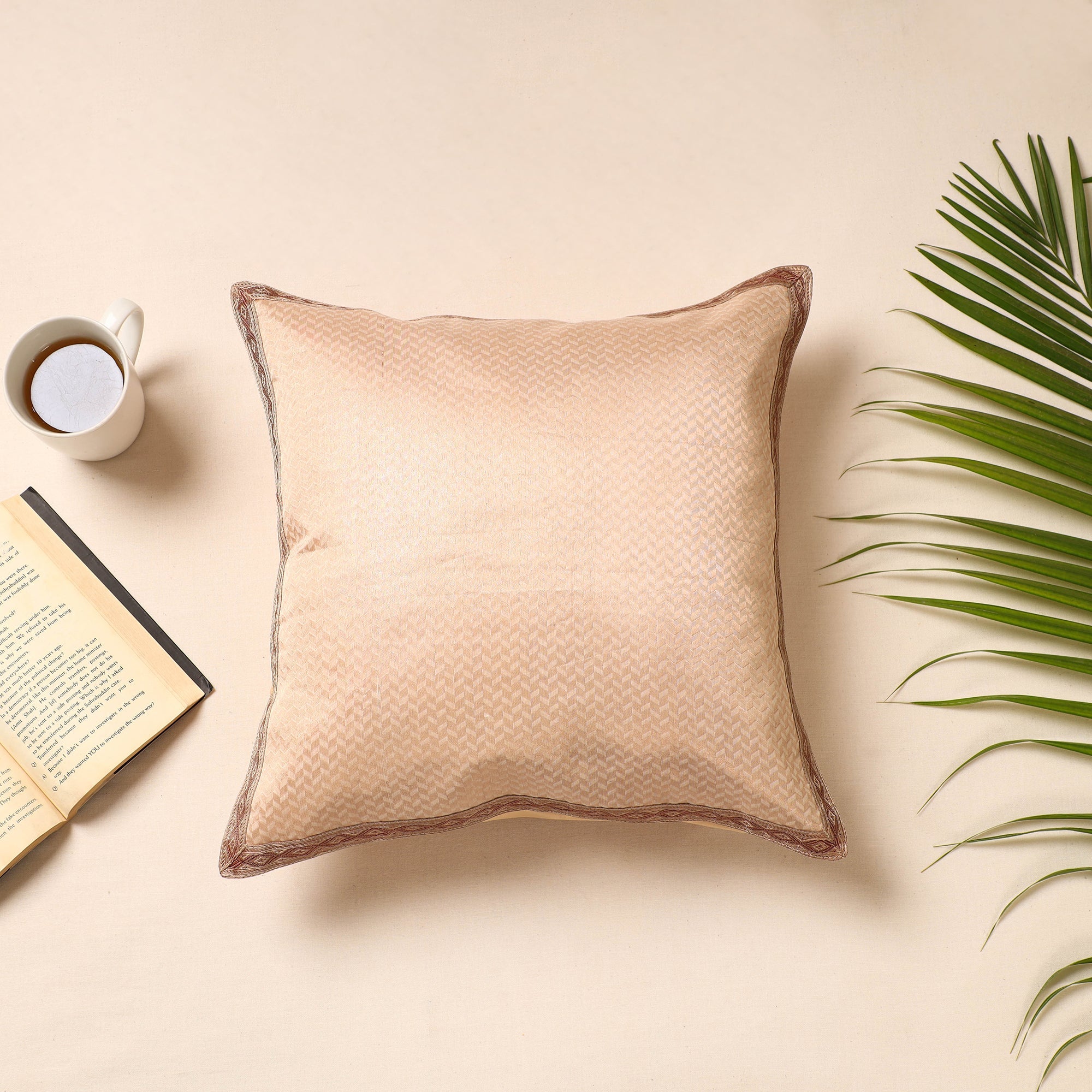 BANARASI BY MAQBUL HASAN Beige - Traditional Pure Banarasi Silk Handwoven Zari Cushion Cover (16 x 16 in)