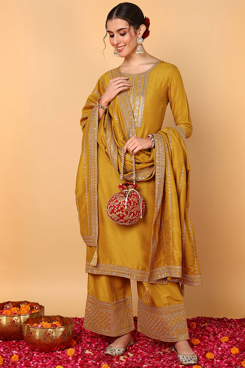 Ahika Mustard Yellow Silk Blend Solid Embroidered Straight Suit Set PKSKD2099