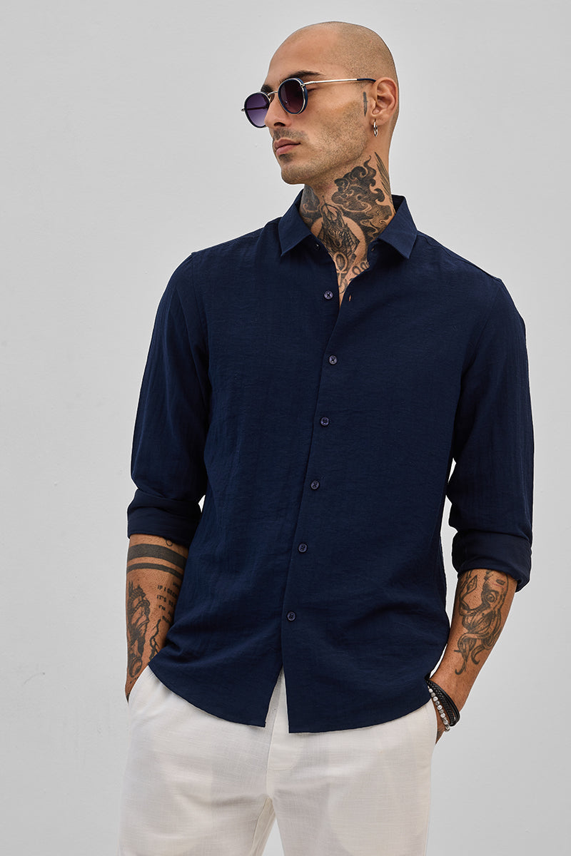 SNITCH Navy Slim Fit Linen Shirt