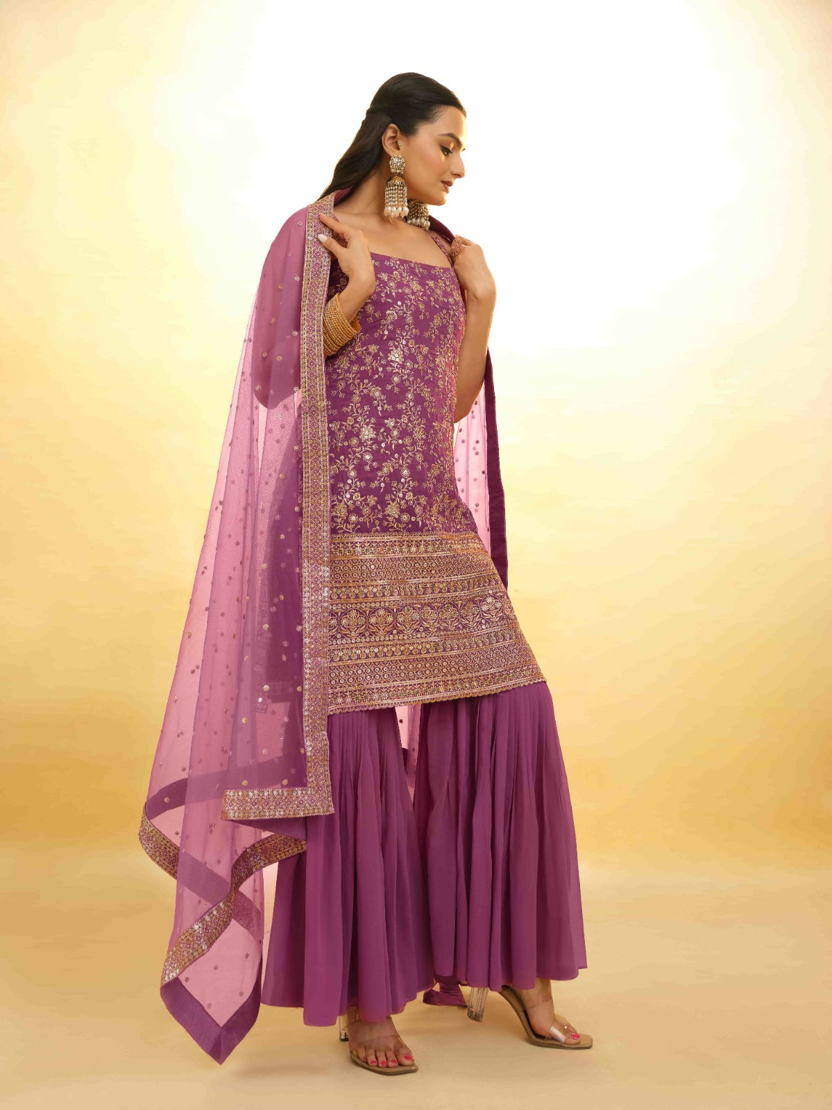 ClothsVilla Pink Georgette Suit with Embroidery and Shantoon Bottom - view 3