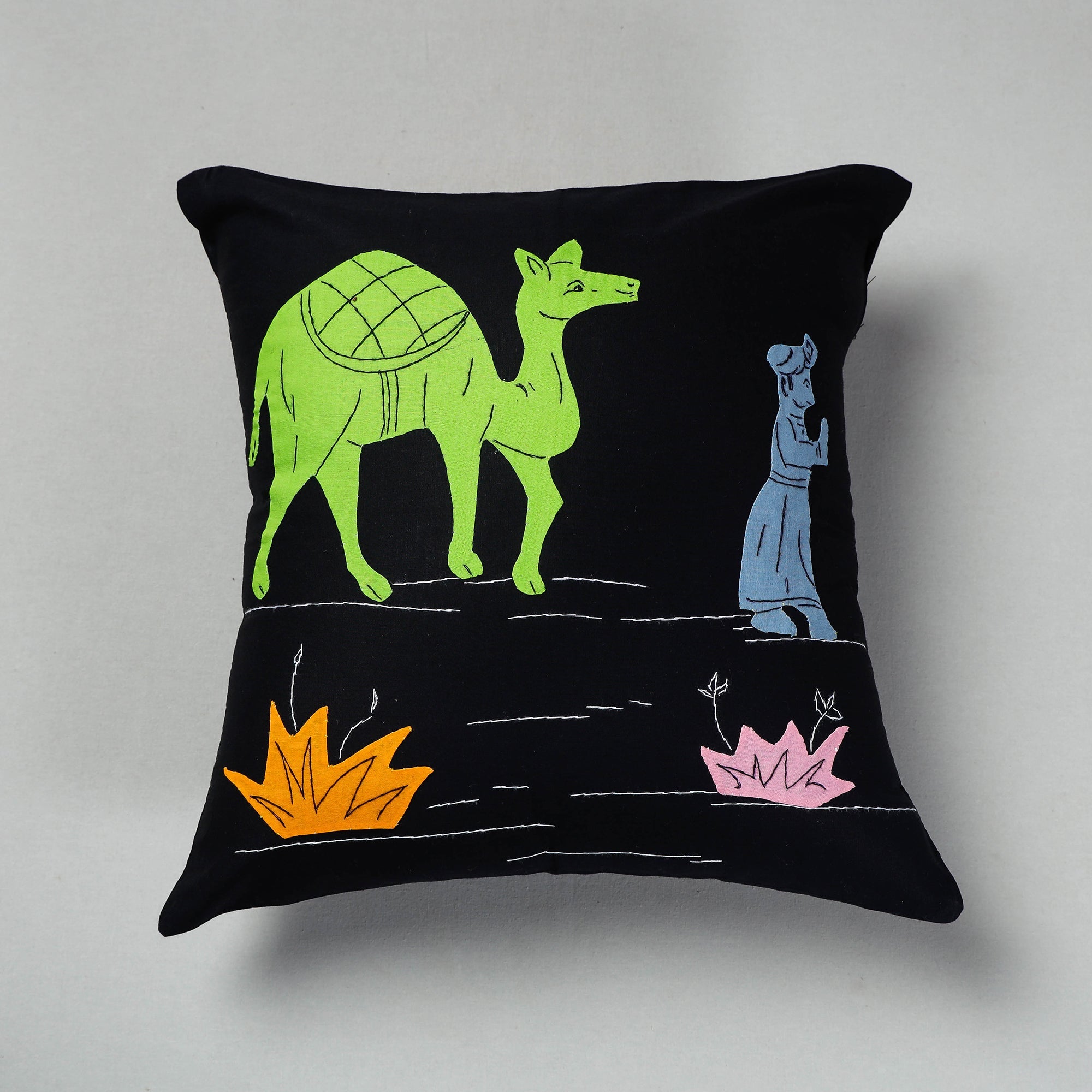 ASHOKA ASSEMBLE - CELEBRATING CRAFTS OF ODISHA Black - Pipli Applique Work Cotton Cushion Cover (16 x 16 in)