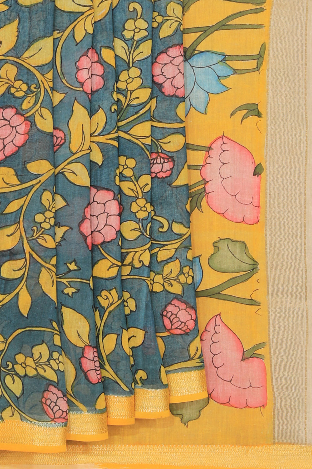 Kalanjali Kalamkari Hand-Painted Teal Blue Saree
