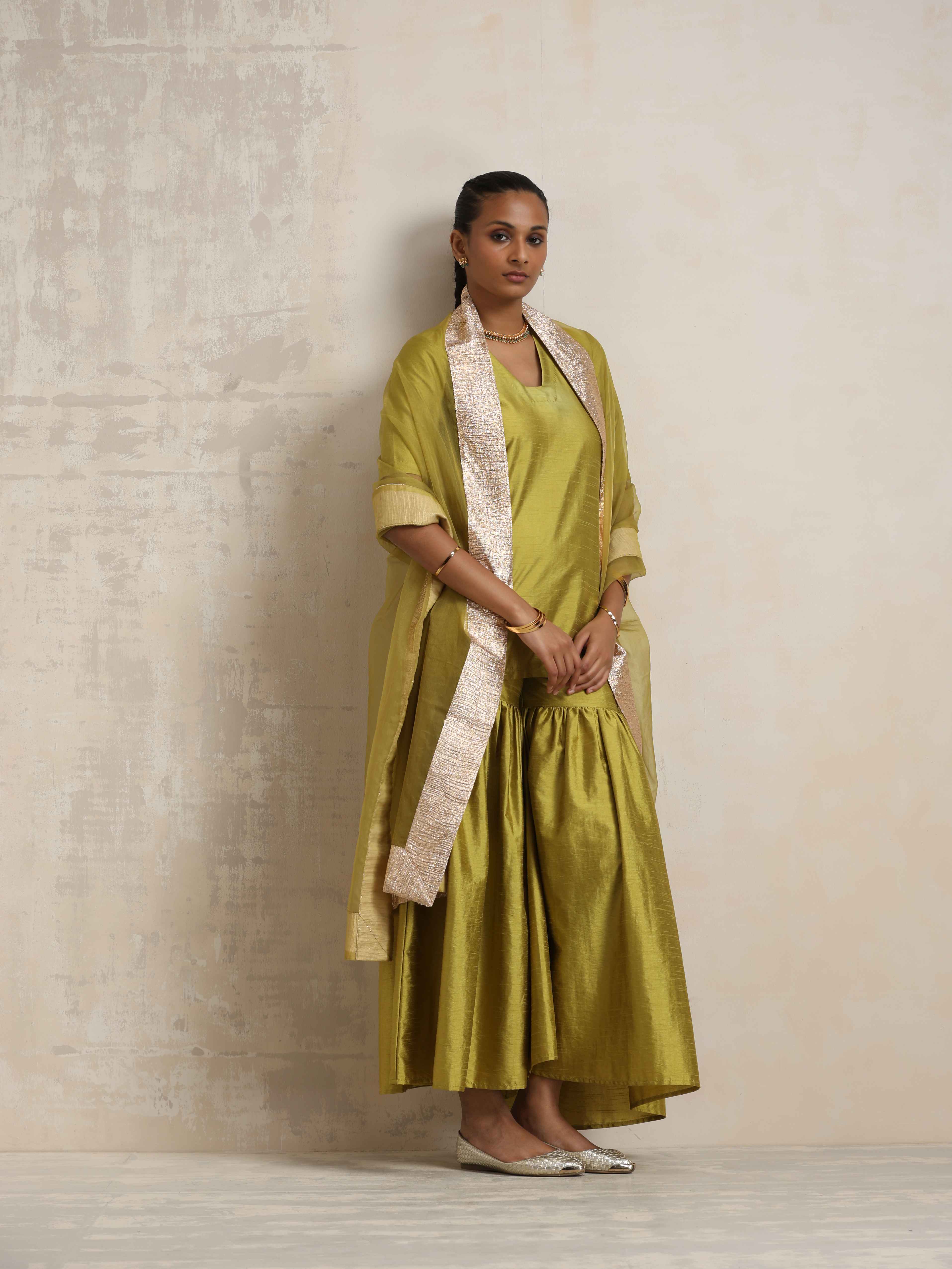 trueBrowns Green Silk Sharara Dupatta Set - view 4