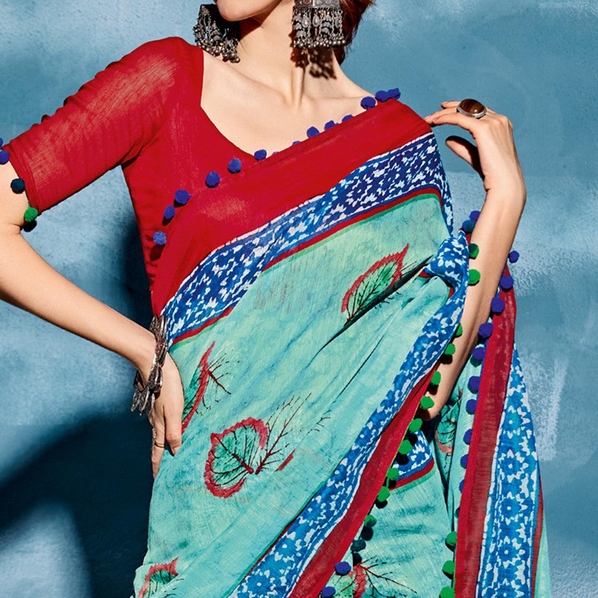 Peachmode Light Blue Printed Cotton Blend Saree With Pumpum Lace - view 2