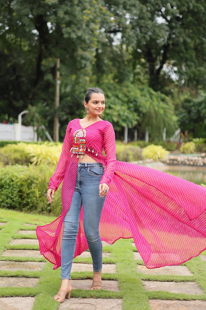 ClothsVilla Magenta Faux Georgette Leheriya Print Kurti with Kutchi Patchwork - view 4