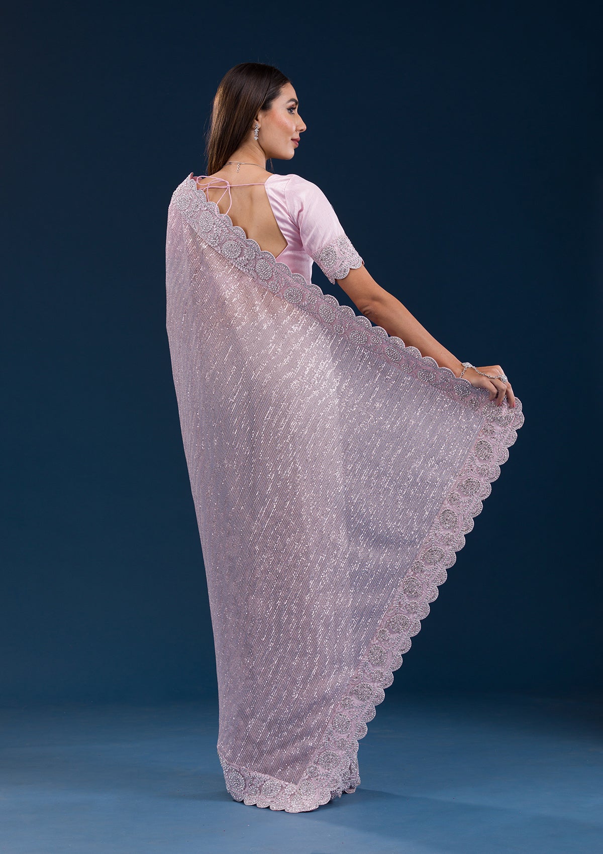 Koskii Baby Pink Threadwork Net Saree – Women's - view 2