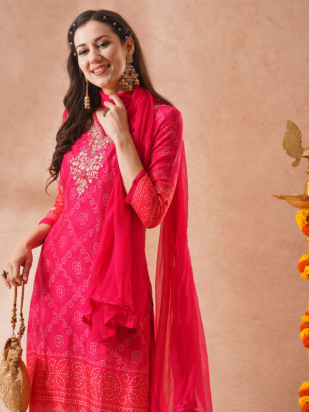 FASHOR Bandhani Printed & Embroidered Straight Fit Kurta with Pant & Dupatta - Pink - view 3