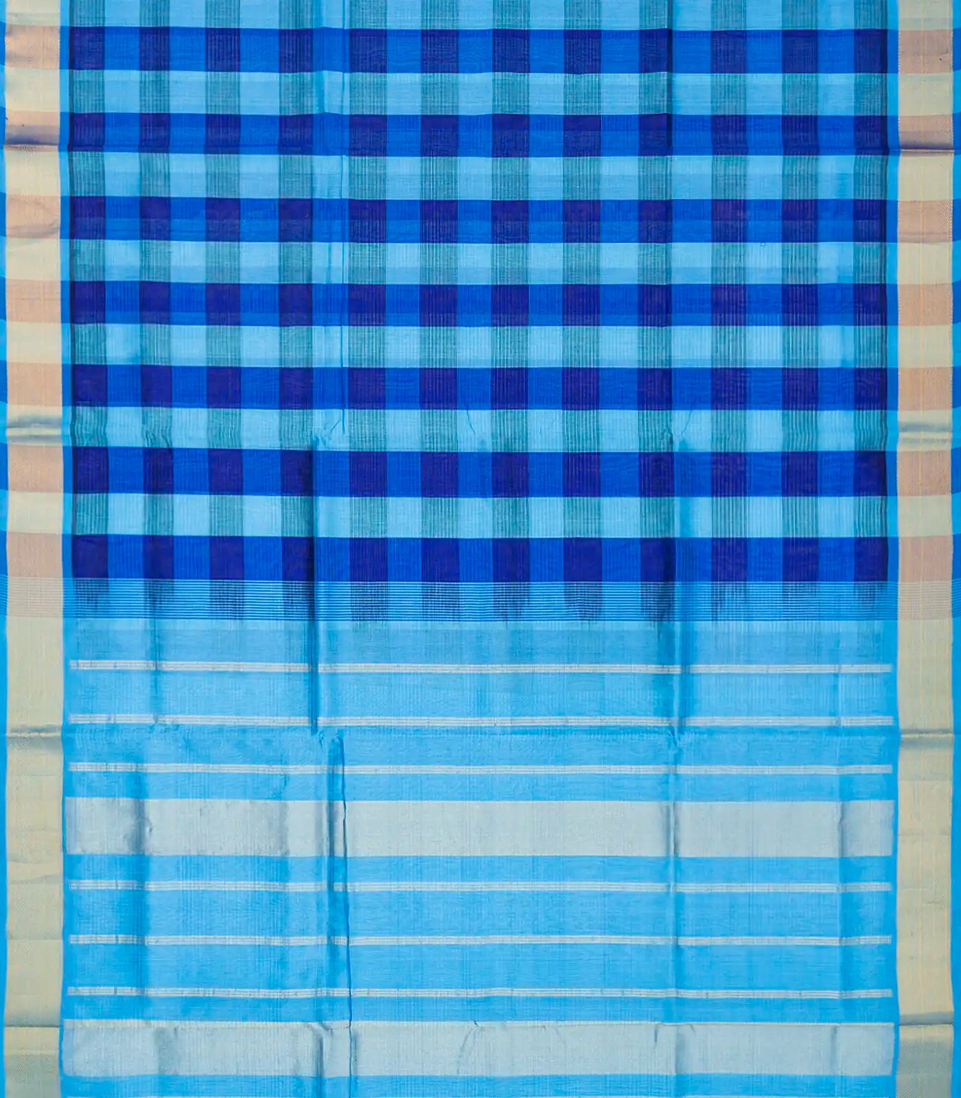 RmKV Cyan and Blue checked Handloom Silk Cotton Saree with cyan border and pallu-Cyan - view 2