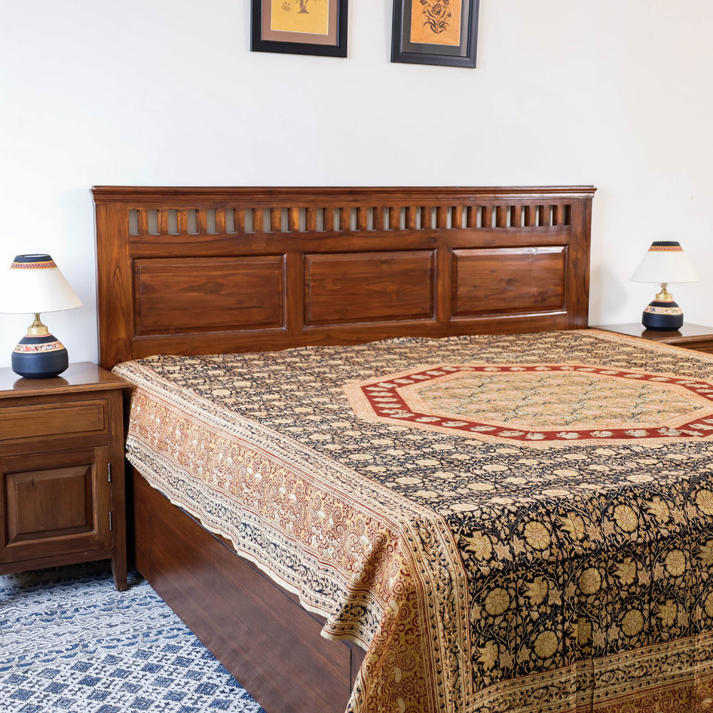 PITCHUKA SRINIVAS KALAMKARI PEDANA Black - Pedana Kalamkari Block Printed Natural Dyed Cotton Double Bedcover (110 x 90 in)