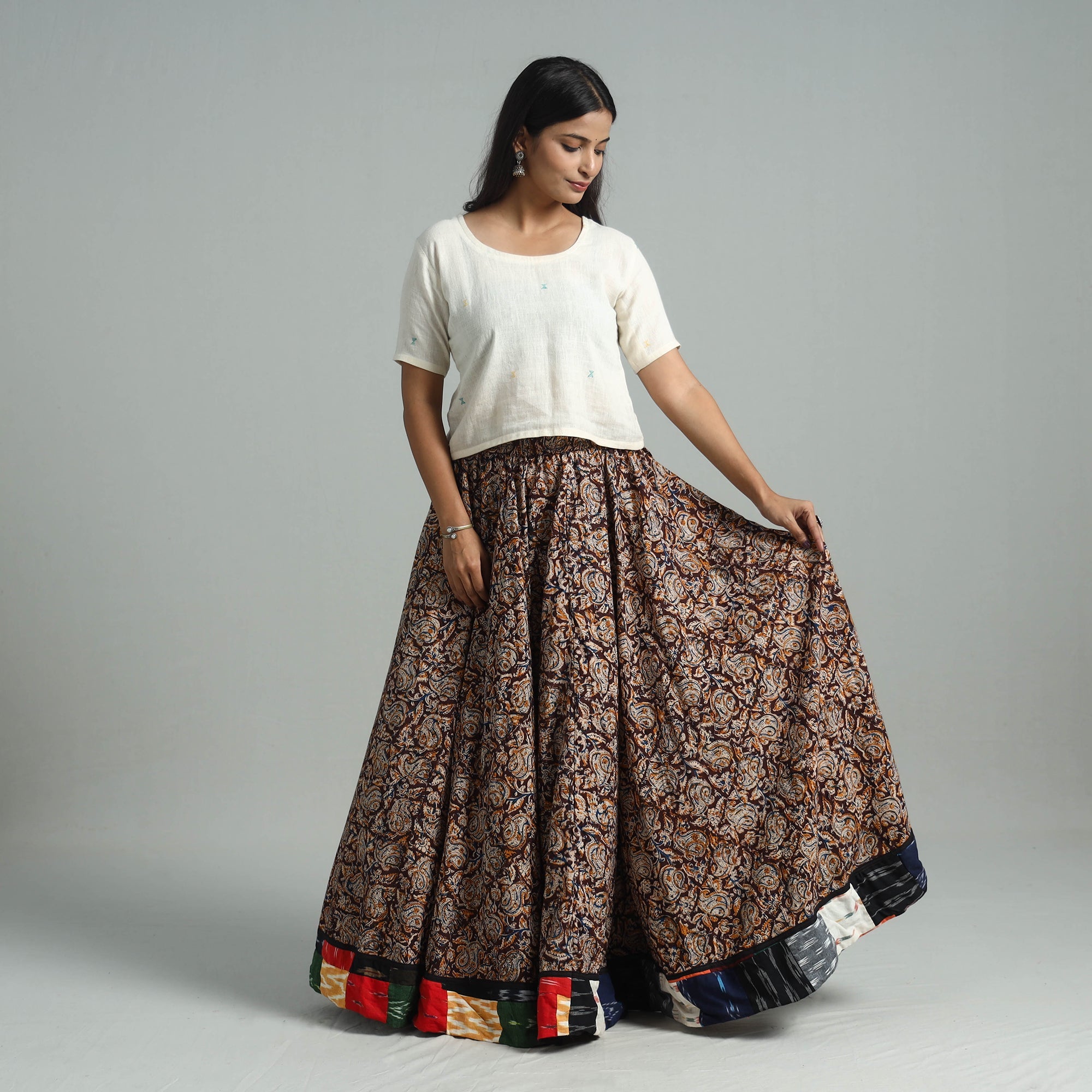 NOORI BAZAR Brown - Hand Block Printed Cotton Long Kalamkari Skirt 14