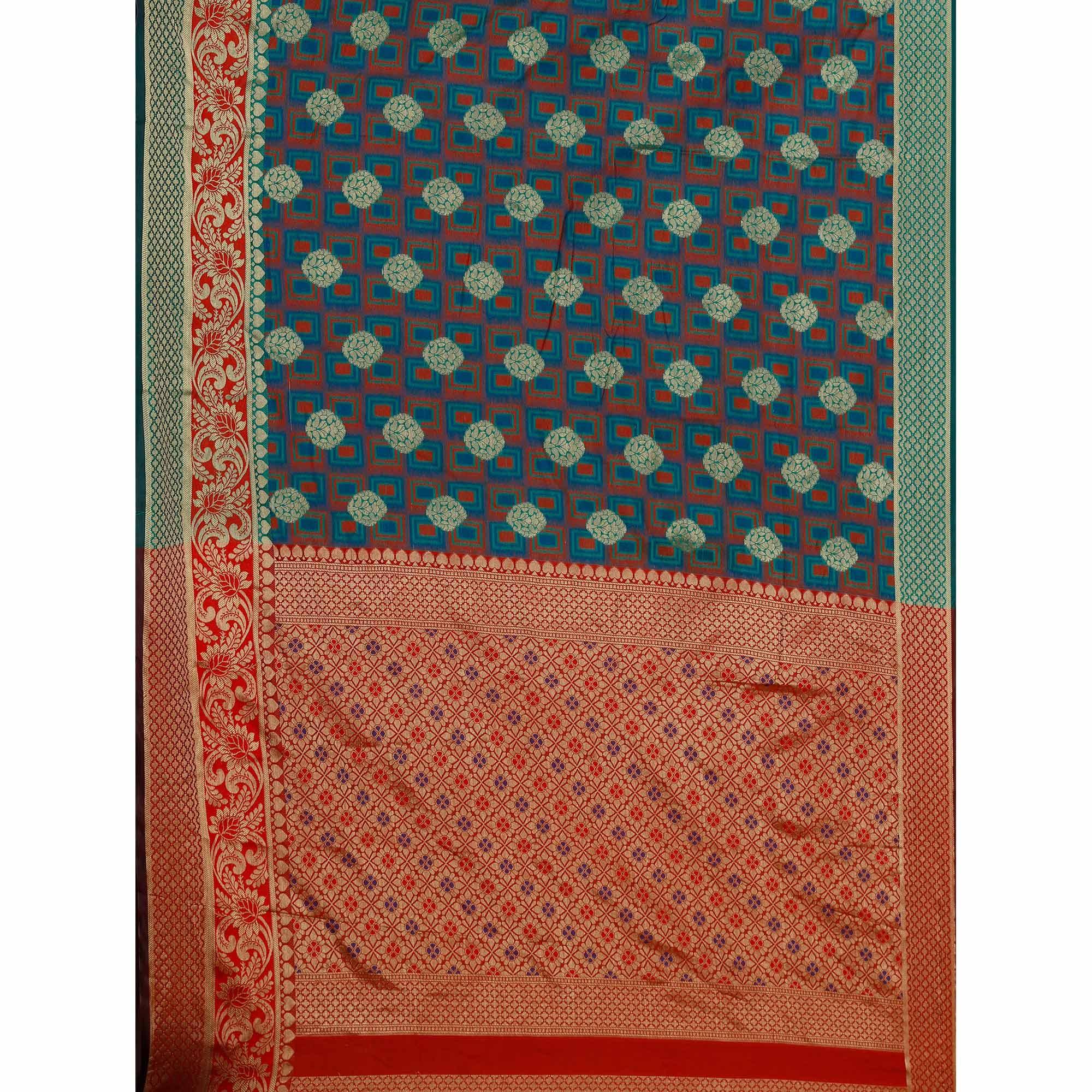 Peachmode Demanding Turquoise Green-Green Colored Festive Wear Woven Cotton Silk Jacquard Saree - view 2