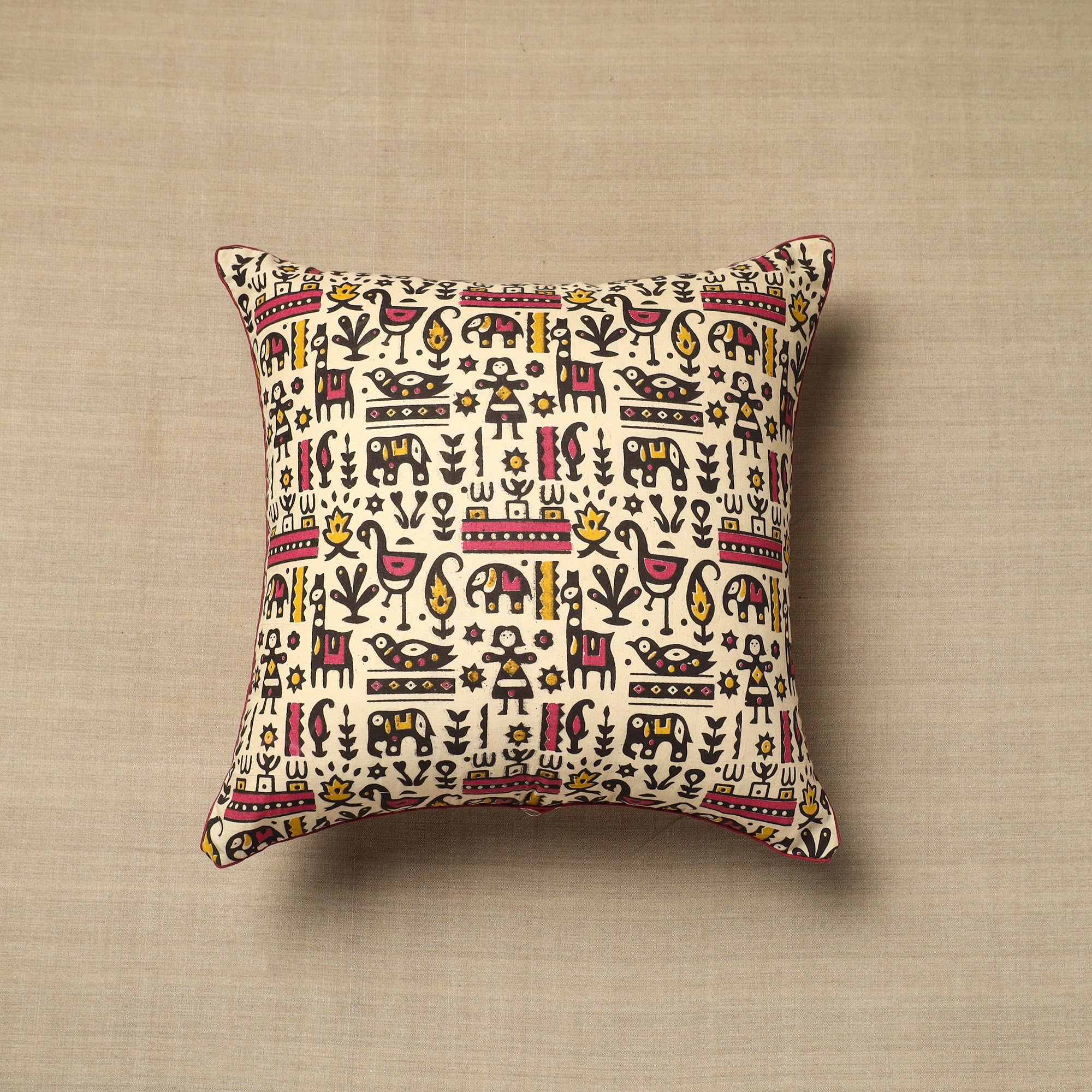 NOORI BAZAR Beige - Cotton Printed Kalamkari Cushion Cover (16 x 16 in) 08