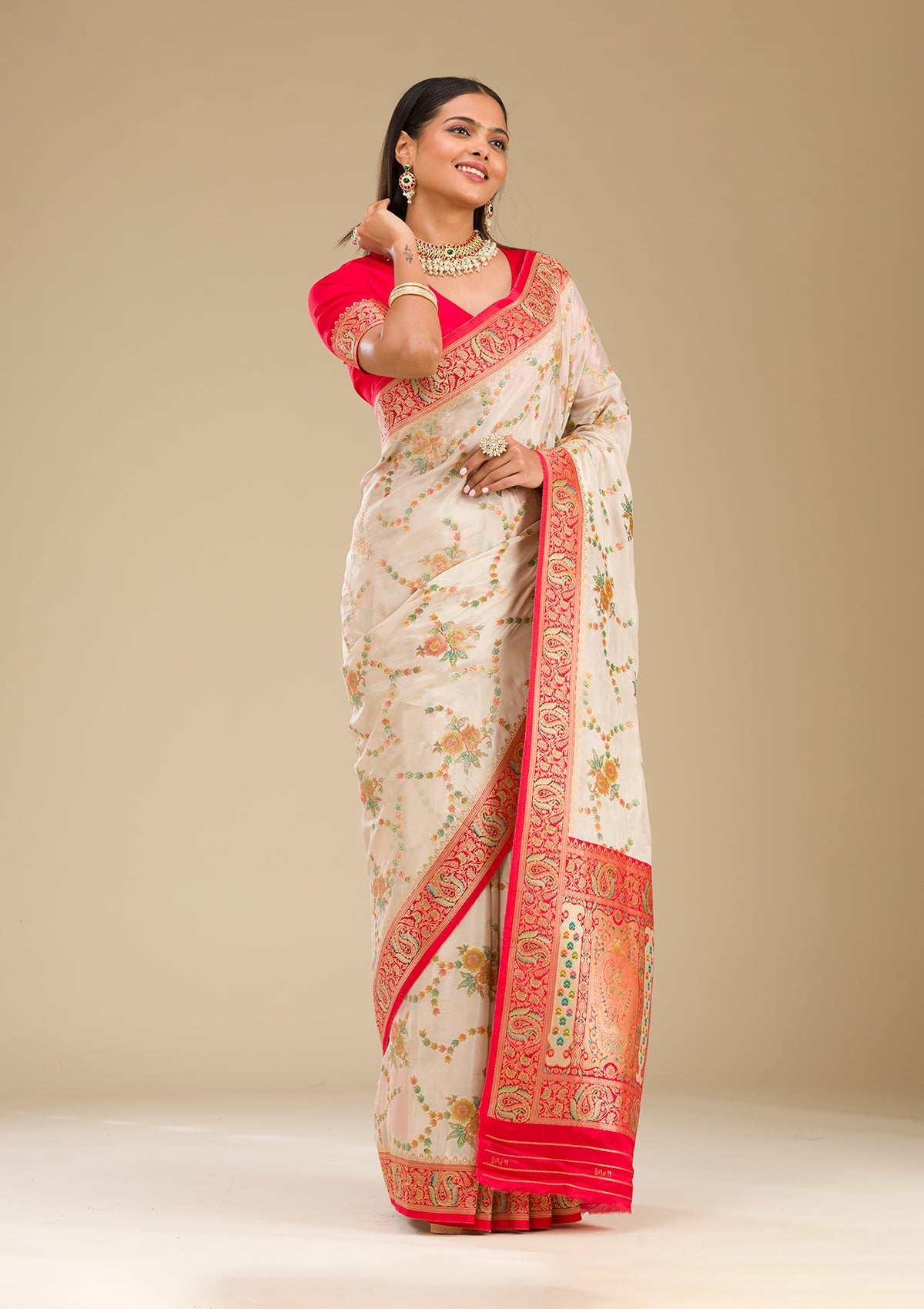 Koskii Beige Zariwork Banarasi Silk Saree – Women's - view 4