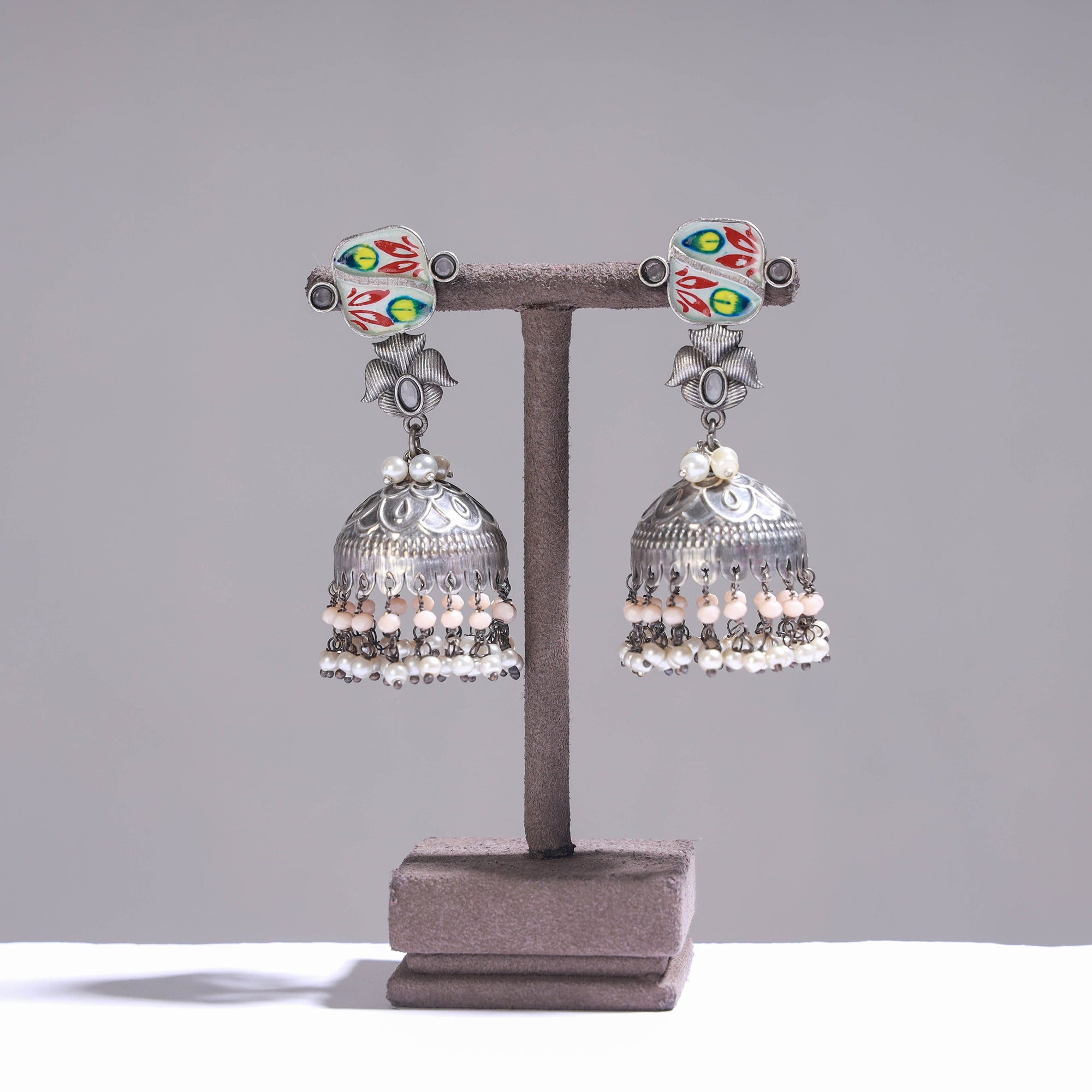 WHITE RIVER STORIES Antique Silver Finish Oxidised Brass Base Enamel Work Earrings
