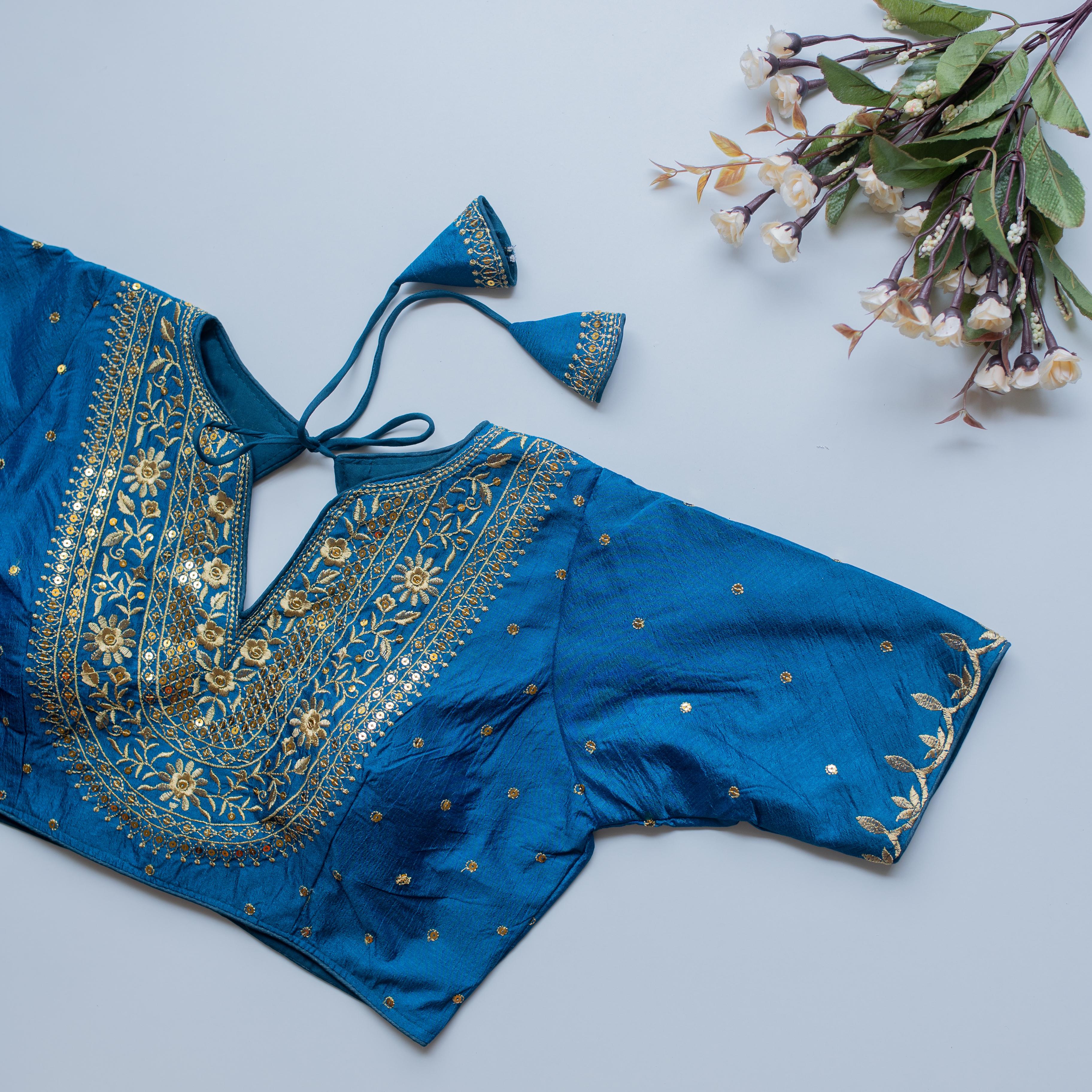 ClothsVilla Sky Blue Olive Silk Blouse with Golden Embroidery and Sequence Accents