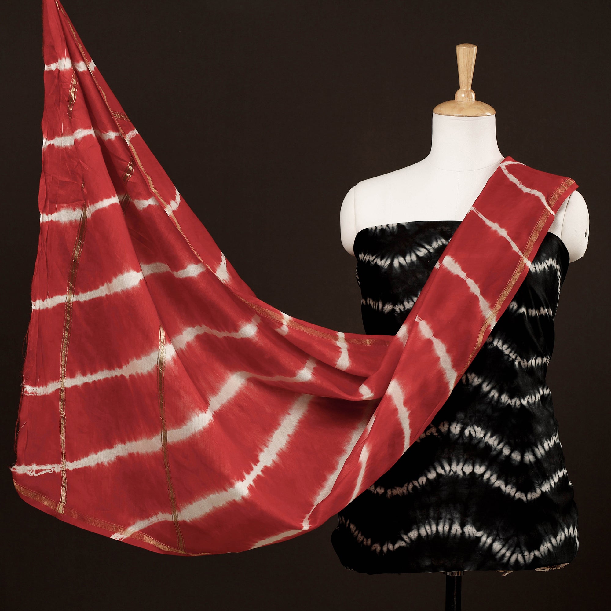 ARTISAN HAND BLOCK PRINTS Black - 3pc White Miura Shibori Tie-Dye Chanderi Silk Suit Material Set