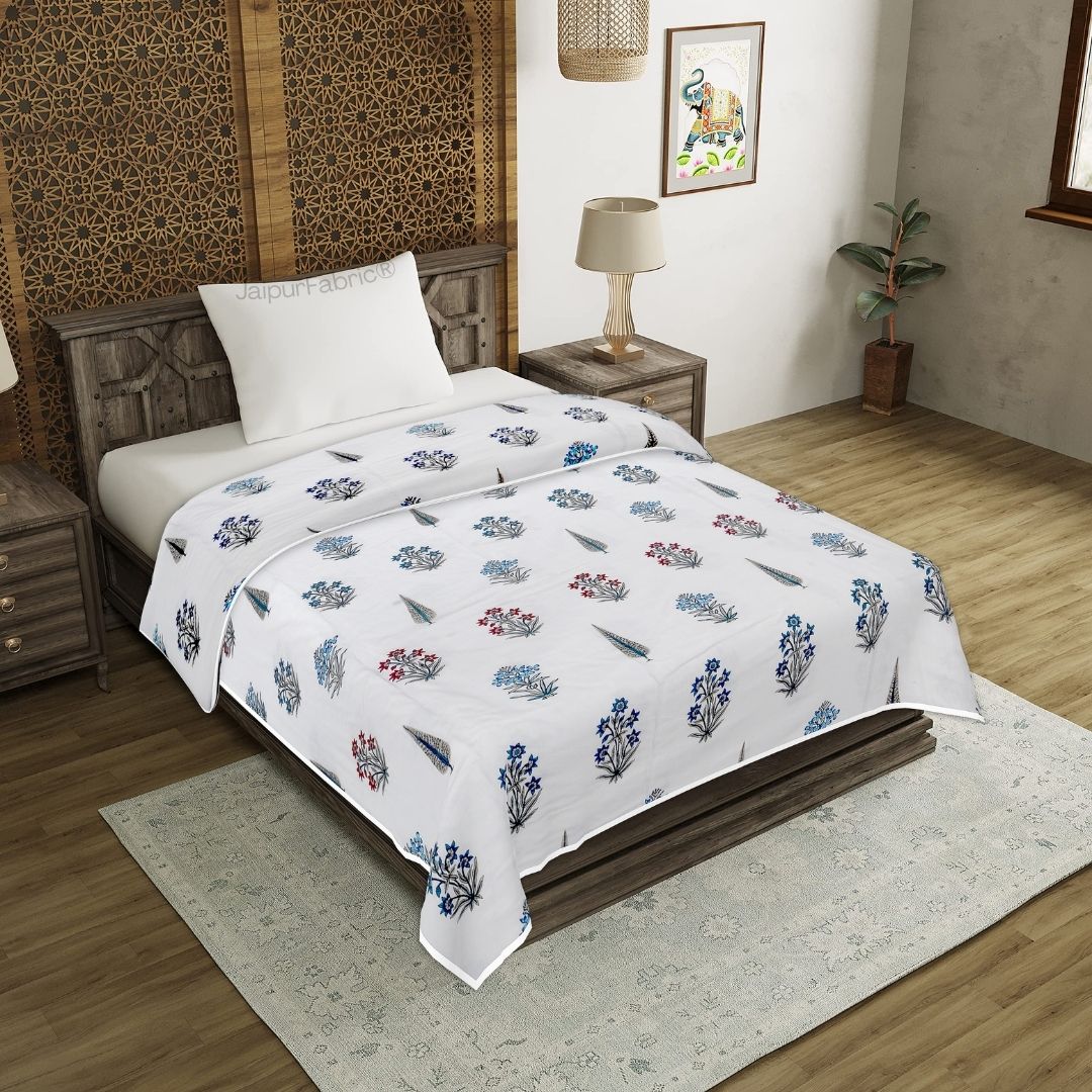 JaipurFabric® India Blocks of Red Blue Flowers Grey Leaves Block Single Bed Dohar