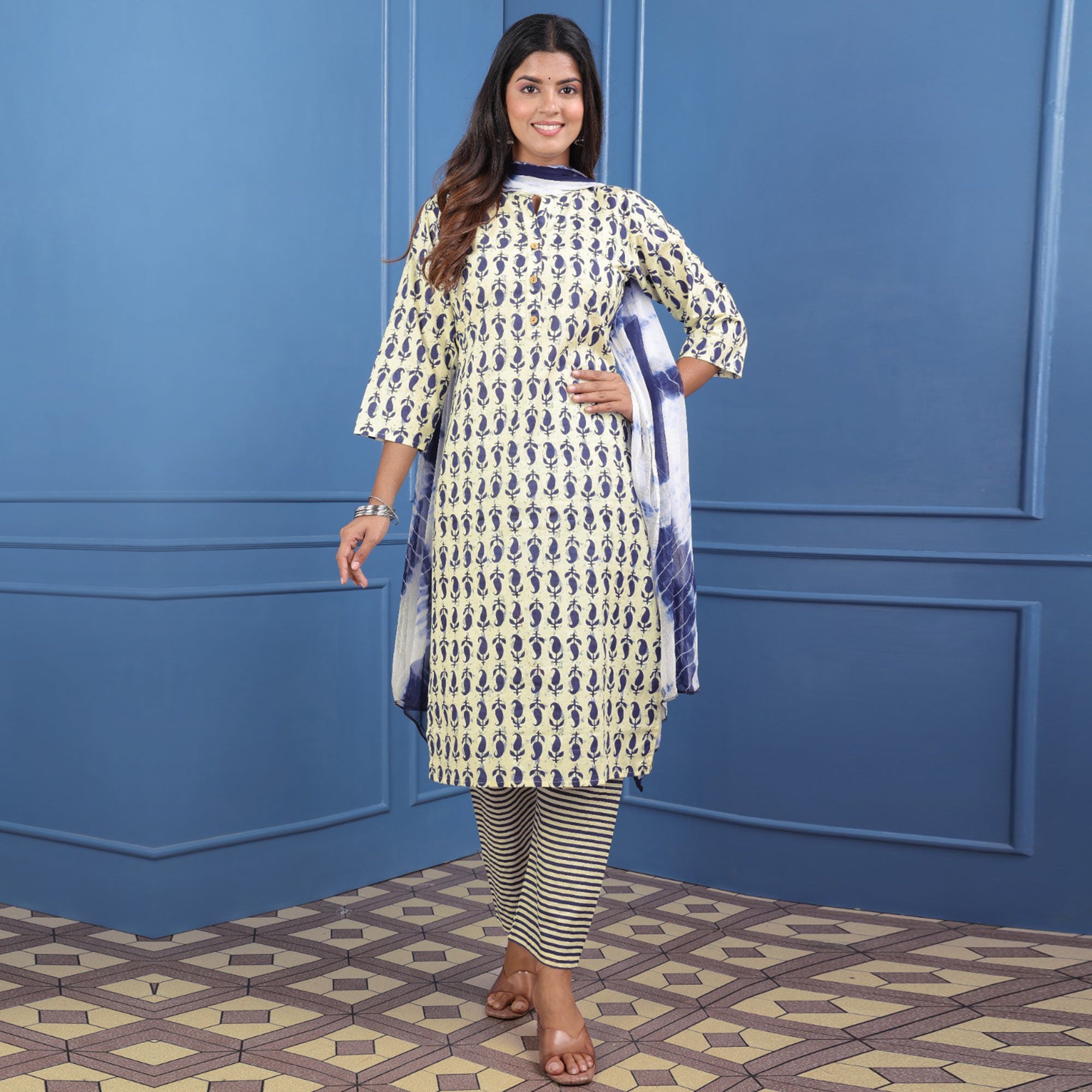 Peachmode Seller Cream Blue Floral Printed Pure Cotton Suit - view 2