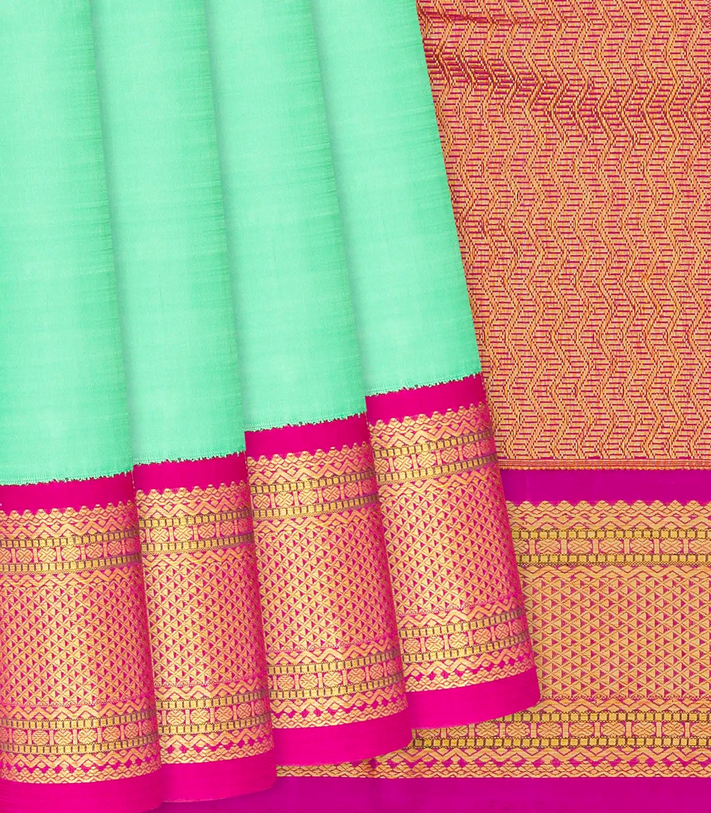 RmKV Aquamarine Handloom Kanchipuram Korvai Silk Saree With Pink Border-Aquamarine